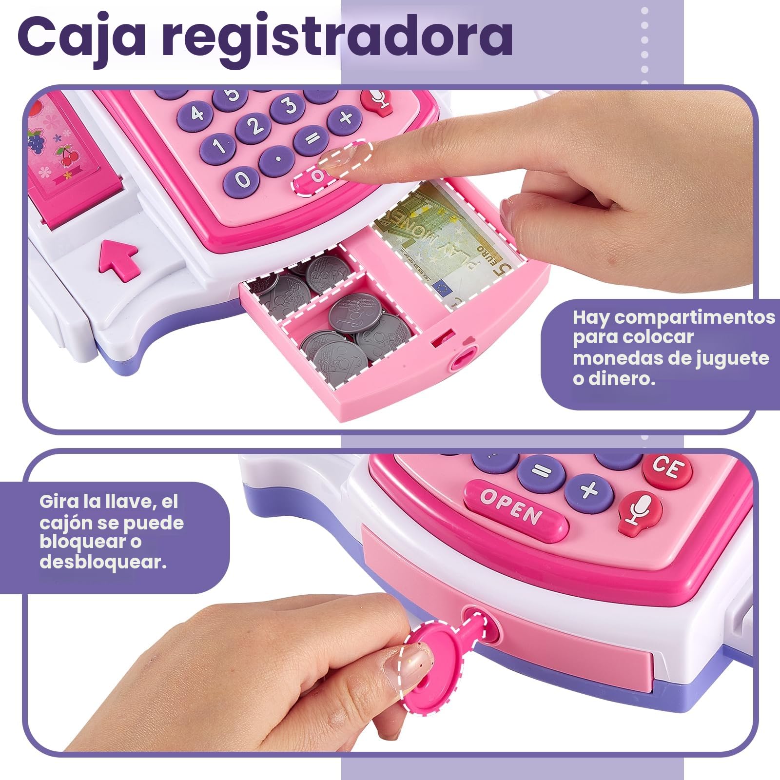 BUYGER Caja Registradora Juguete para Niño con Escáner Realista, Tarjetas y Dinero de Juguete, Juego de Imitación Supermercado con Impresora de Recibos, Juguete Educativo para Niños y Niñas de 3+ Años