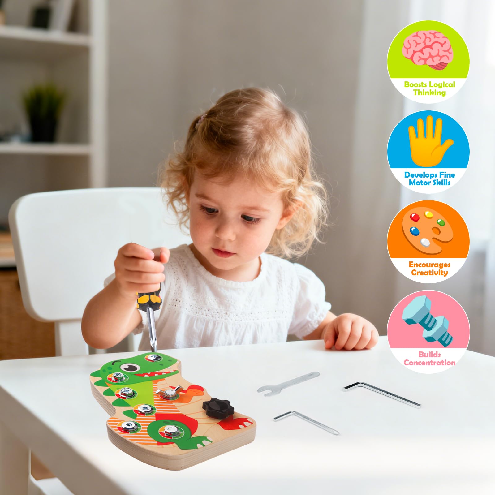 LYOKELC Montessori Screwdriver Board for Toddlers 3+, Wooden Dinosaur Busy Board with Screws & Tools - Image 4