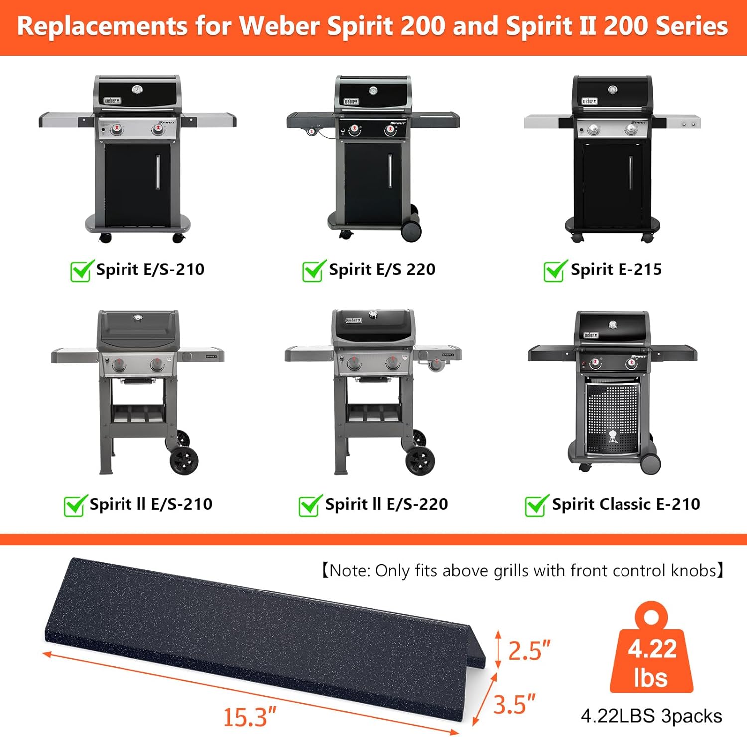 qulimetal 7635 15.3" flavorizer bars for weber spirit e210, e220, s210, s215, spirit 200 & gs4 spirit ii e210, spirit ii e220 with front control, 16ga porcelain steel grill heat plates 15.3"×3.5"×2.5" porcelain steel