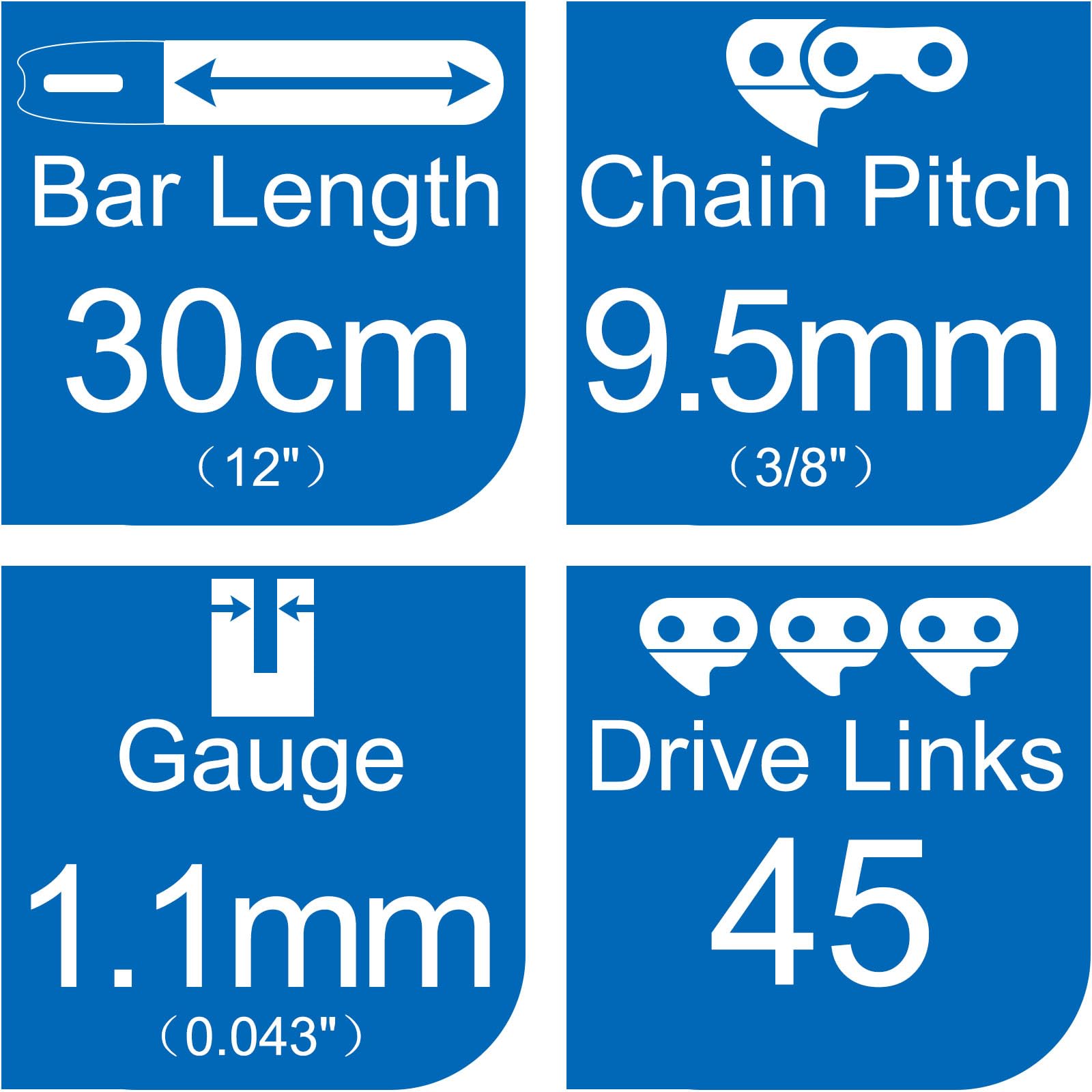 2 x Sägekette 30 cm 3/8'' 1,1 mm 45 TG, Kettensäge Kette kompatibel für FORTEXXA 18/30, kettensägenketten kompatibel mit Ryobi OCS1830, kette für Dewalt DCM565N