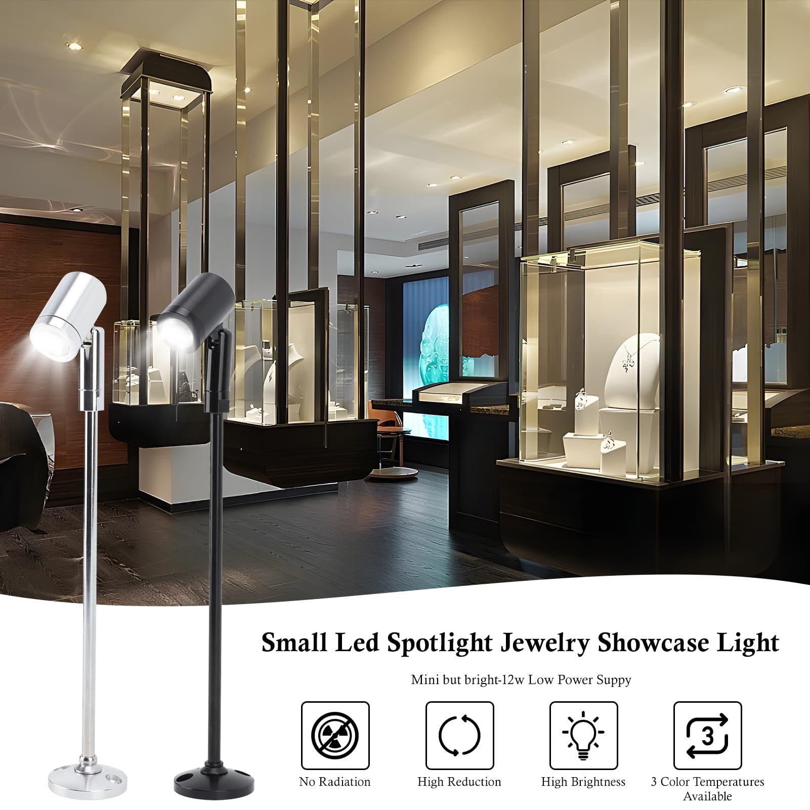2 pièces Lampe de Placard Spot LED, Petit Projecteur Led pour Vitrine de Bijoux, Lumière D'exposition Verticale, Mini Vitrine pour Exposition de Bijoux En Intérieur, DC 12V(White Light-B)