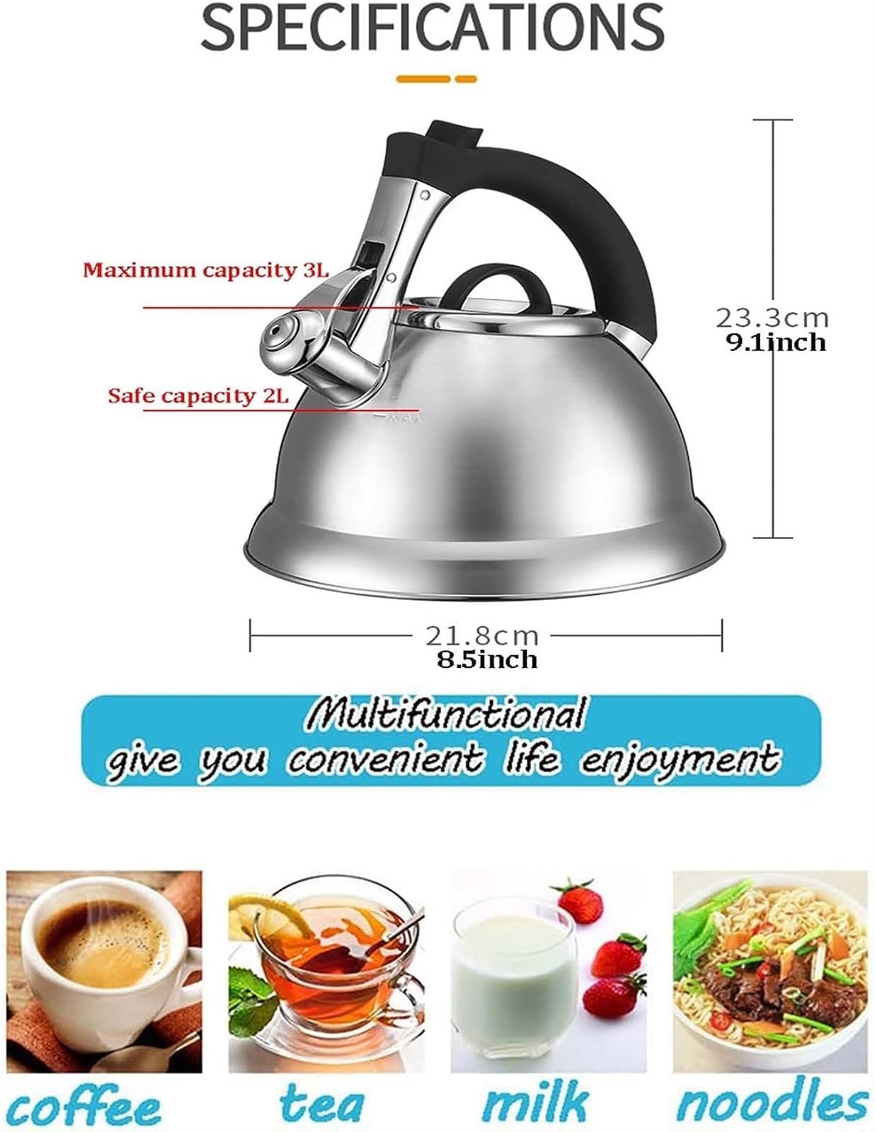 Caraffa termica for caffè, Teiera isolata, Bollitore for tè con fischio, Teiera for la casa, Teiera con manico in silicone, Bollitore for acqua con beccuccio interruttore a pulsante, 3L, Base a 5 stra