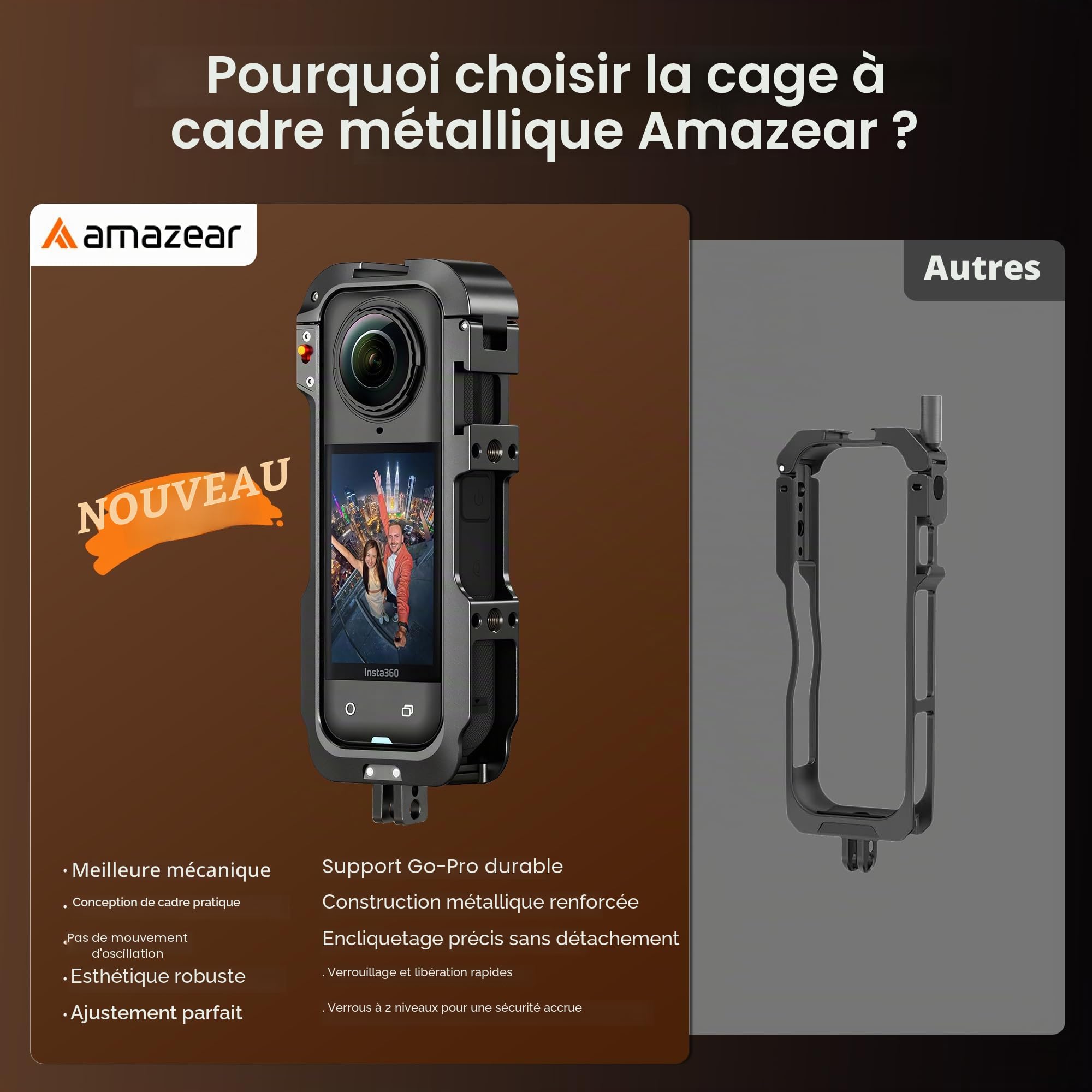 Amazear Étui de Protection métal Insta360 X5, Cadre Utilitaire, Construction Solide, Cage Aluminium Verrouillage Rapide,Gris Acier Métallisé