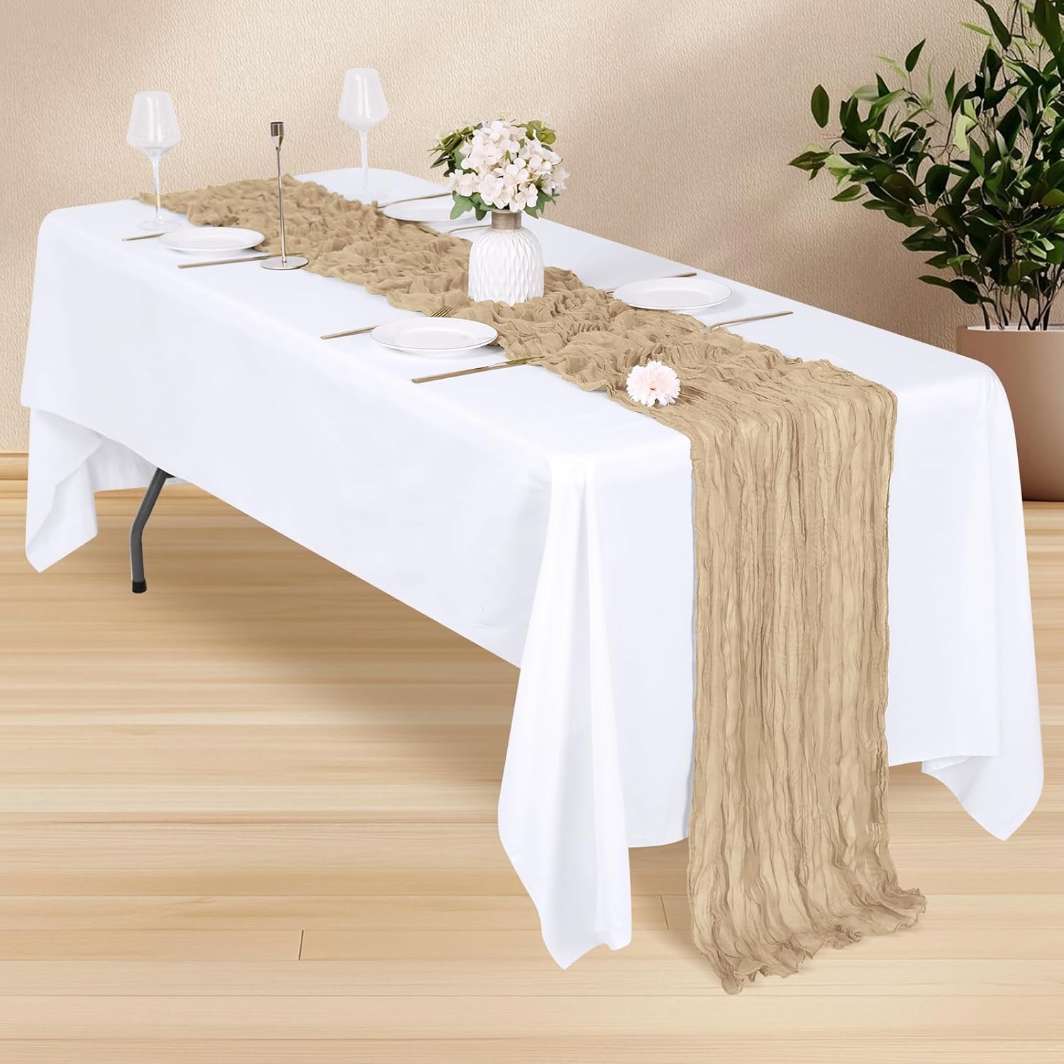 14 Pack Beige Cheesecloth Table Runner 17x108 Inch Semi Sheer Boho Gauze Cheese Cloth Fabric Table Runners, for Wedding Party Baby Shower Birthday Home Decor Garden Farmhouse