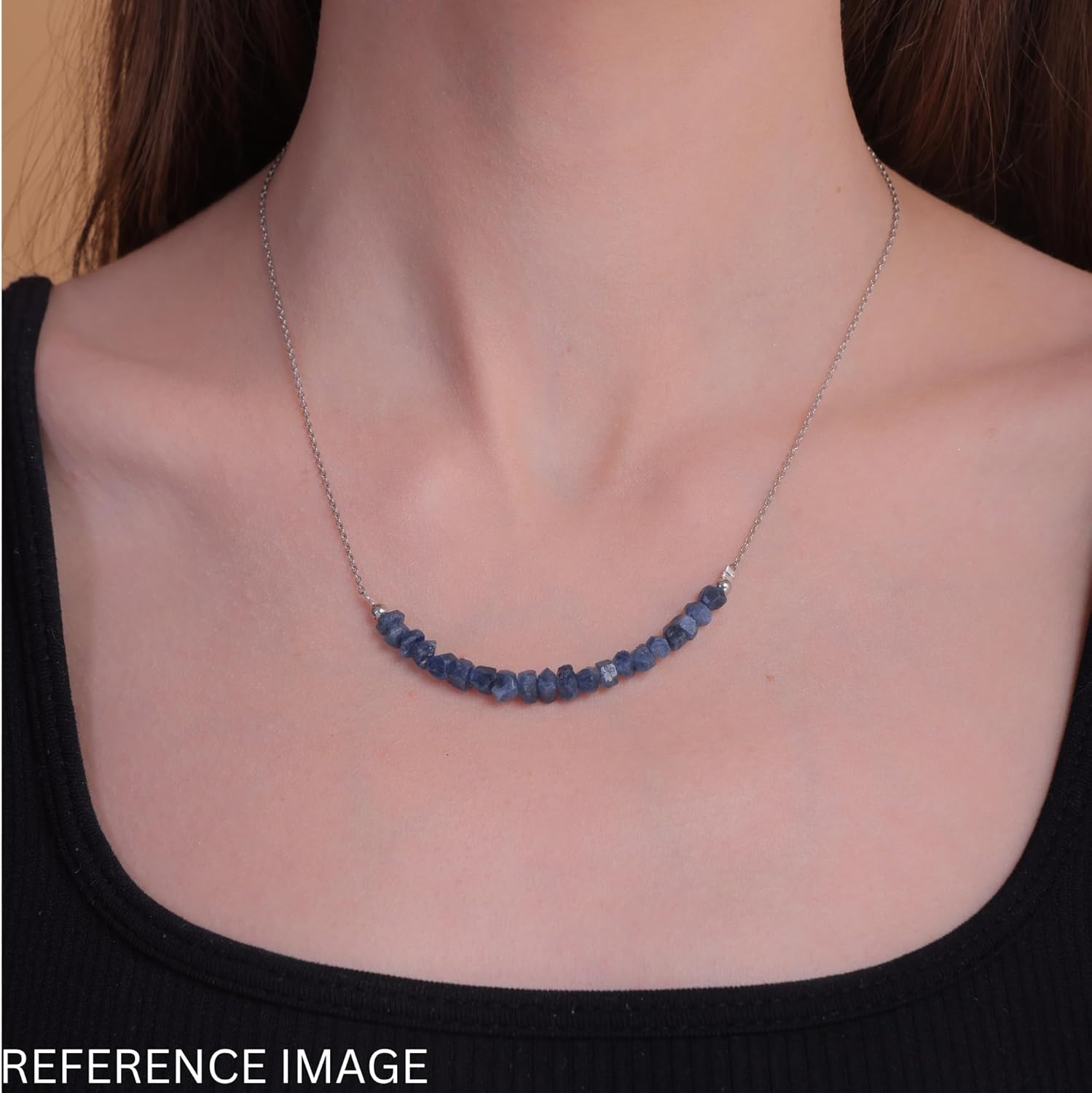 Genuine A+ Raw Blue Sapphire Beads Bar Necklace Handmade Minimalist Jewelry Natural Gemstones Healing Crystals September Birthstone Rhodium Plated 925 Sterling Silver Necklace 18 inch Valentine Gift - Image 3