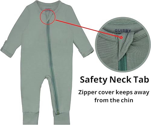 Miniatura 4 de GUISBY Pijama para bebé con puños de manopla, 3 piezas, para niñas y niños, con cremallera de 2 vías, manga larga, rayón