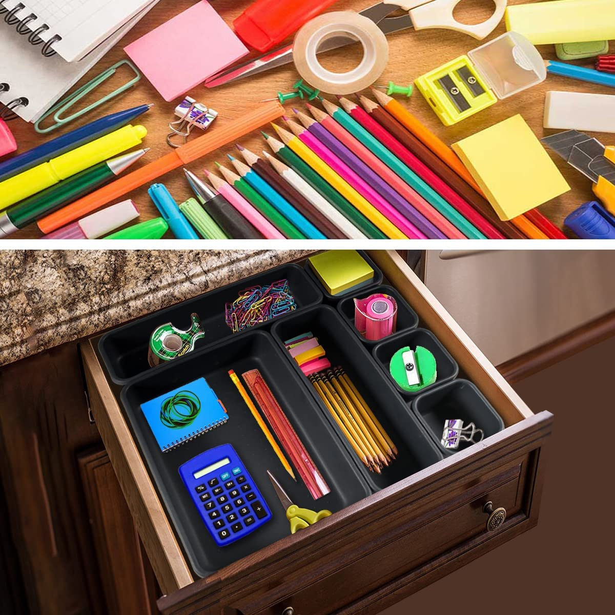 16 Pcs Organisateur Rangement Tiroir Cuisine Organiseur de Rangement Bureau Tiroir Plastique Salle avec 40 Pcs Boule Bntidérapante en Siliconedede Bain Plateaux pour Maquillage, Cuisine(Noir)