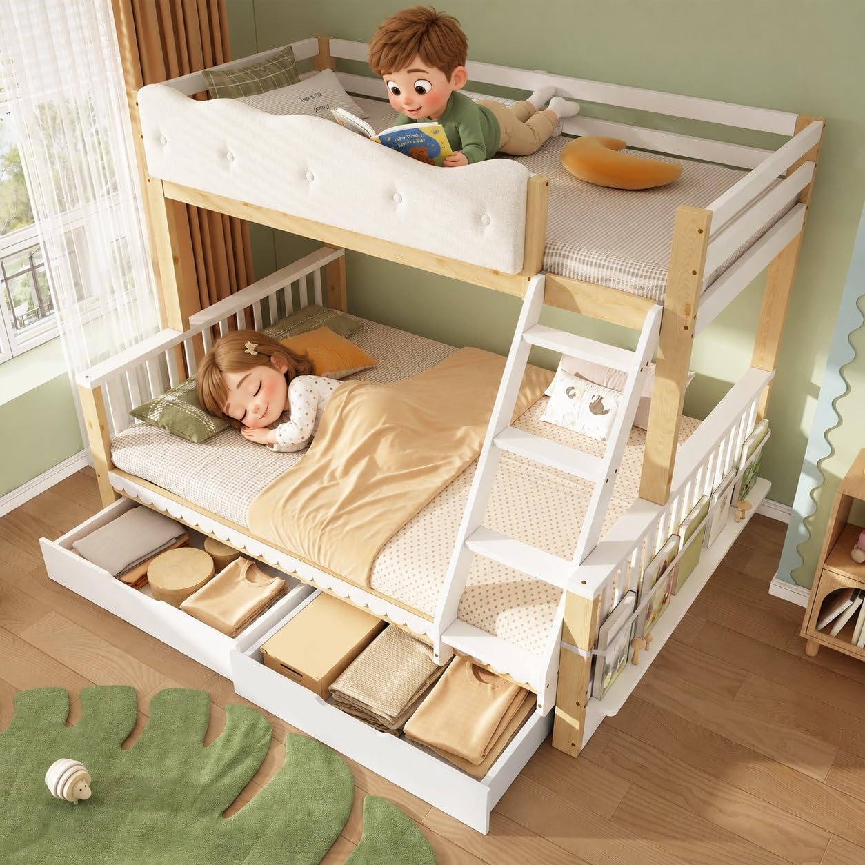 Zepneiy Lit Superposé 90x200 et 140x200 avec Balustrade nuageuse et tiroirs,Lit Enfant avec Porte-revues, pour Enfants et Adultes,Blanc et Chêne (sans Matelas)