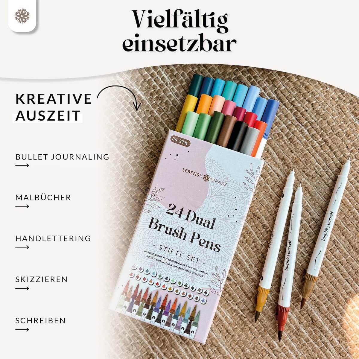 LEBENSKOMPASS Brush Pen Set mit 24 wasserbasierten Dual Brush Pen Stiften - Pinselstifte für: Malbuch für Erwachsene, Handlettering, Kalligraphie & dein Bullet Journal