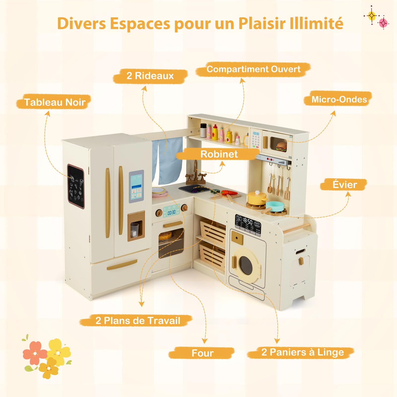 COSTWAY Cuisine d'angle en Bois Enfant avec Lumières & Sons, Jeu de Cuisine Enfant avec Réfrigérateur & Poubelle & Machine à Glaçons & Micro-Ondes, 22 Accessoires & Tableau Noir pour 3 Ans+