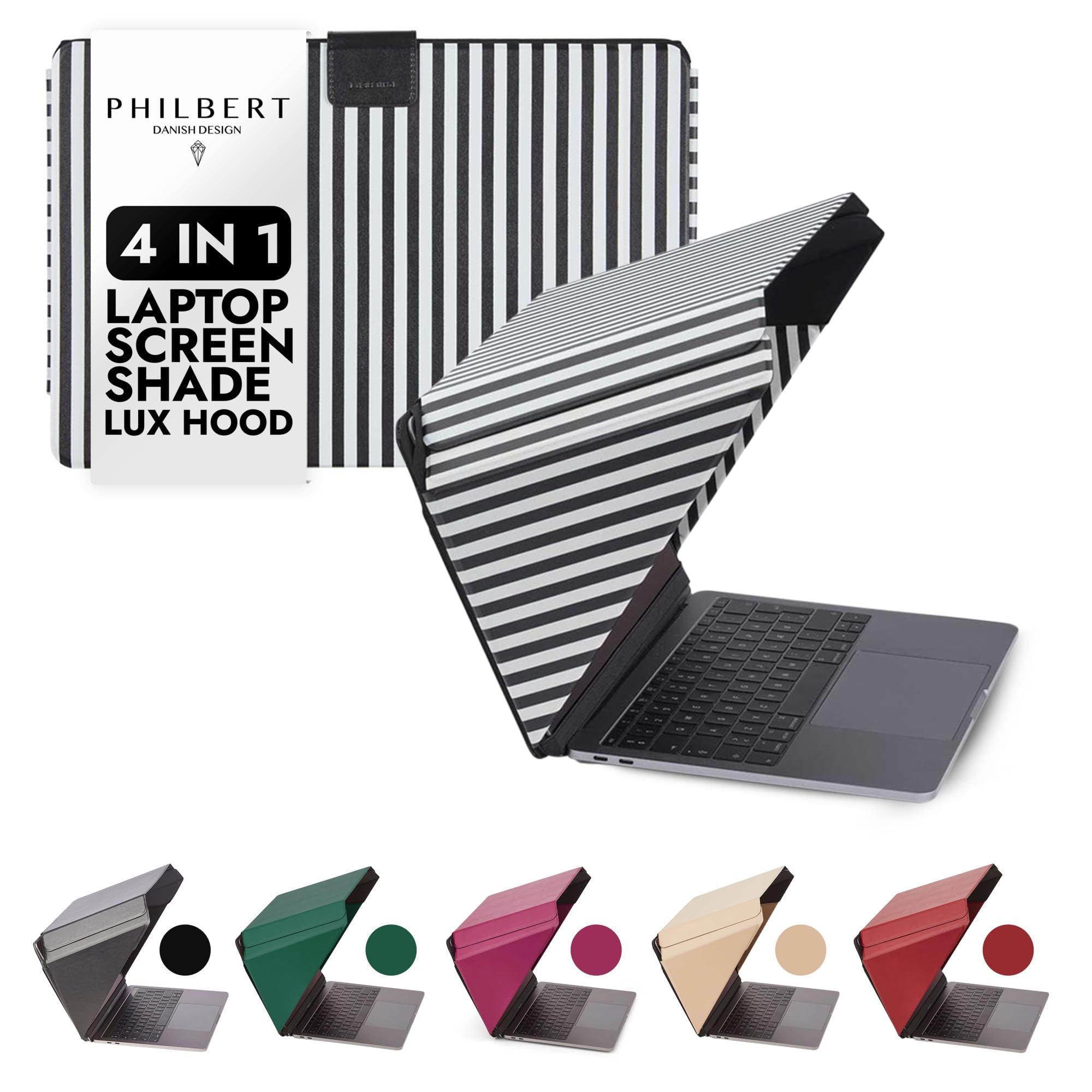 4 in 1 Laptop Screen Shade Lux Hood : Sonnenschutz | Datenschutz | Hitzeschutz | Kontrastverstärkung. 15”/16” Universal. Selbststehend, mit Gesäßtasche. Patent D790551 - Gestreift