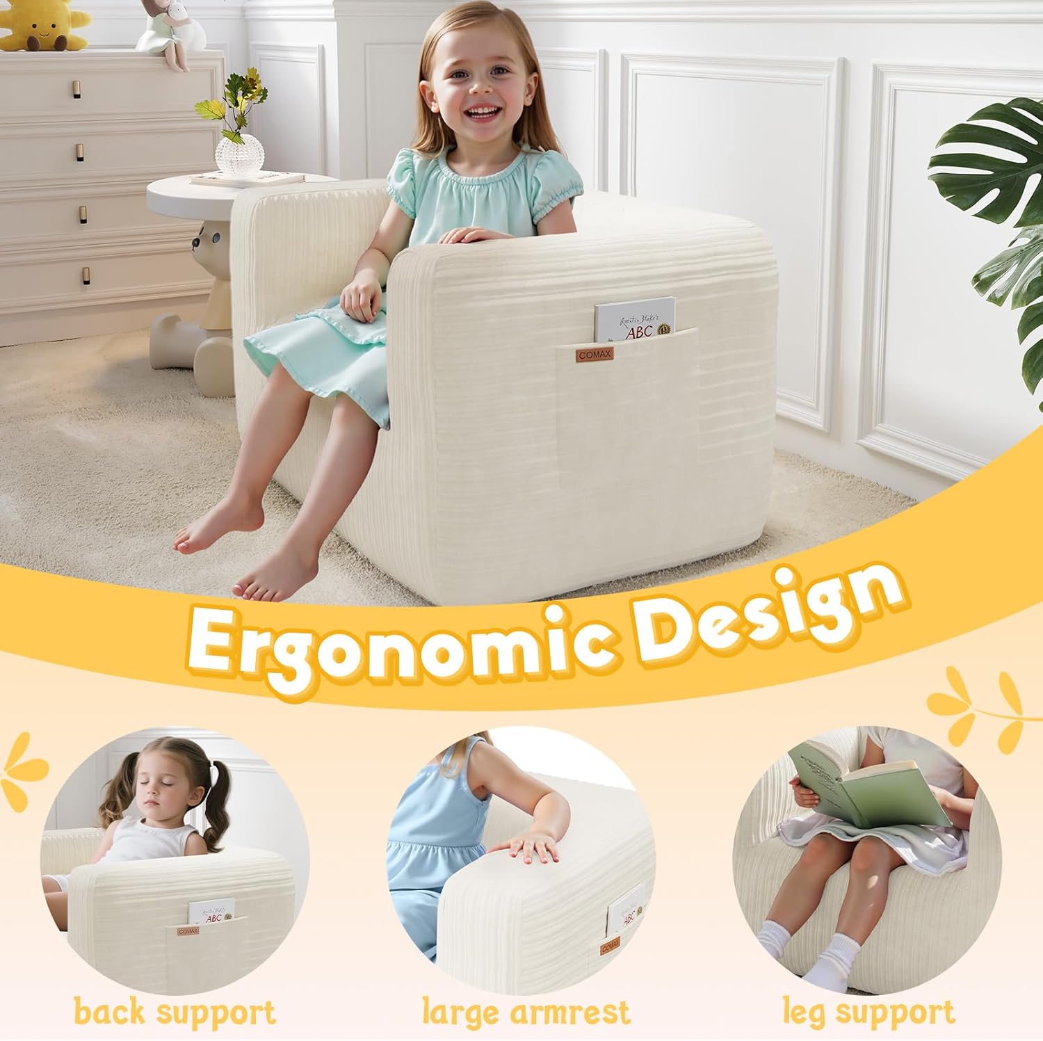 COMAX Bean Bag Chair for Kids, Stuffed Toddler Couch for Boys and Girls, Corduroy Lazy Sofa Filler with Shredded Sponge Accent Chair Comfy with Pocket for Playroom Classroom, Beige