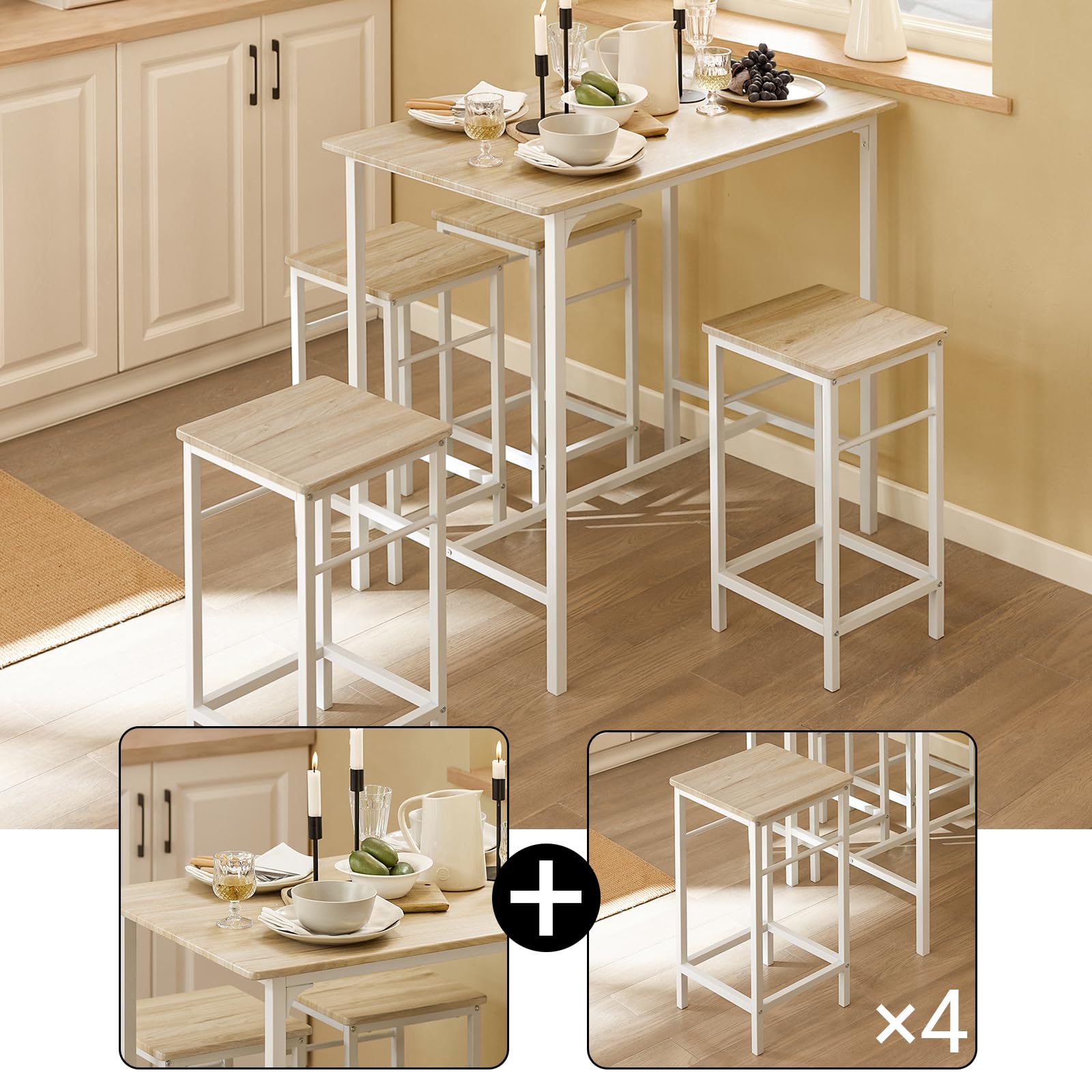 SoBuy Set Tavolo da Bar Alto con 4 Sgabelli Tavolo Salvaspazio per Cucina Piccola e Balcone, Stile Industriale Moderno Tavolino Alto da Esterno per Giardino o Terrazzo OGT11-WN