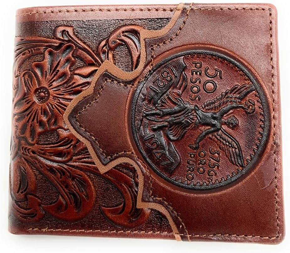 Western Men's Cowboy Leather Floral Tooled Laser Cut Multi Emblem Short Wallet in Multi Colors (50 Pesos (Brown/Tan))