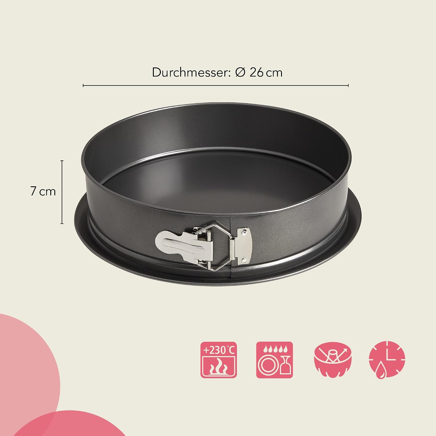 Wenco Classic Round Cake Tin, 26 cm Diameter, Non-Stick Steel, Leak-proof Edge, 7 cm High, Perfect for Cakes, Tarts & Quiches, Black