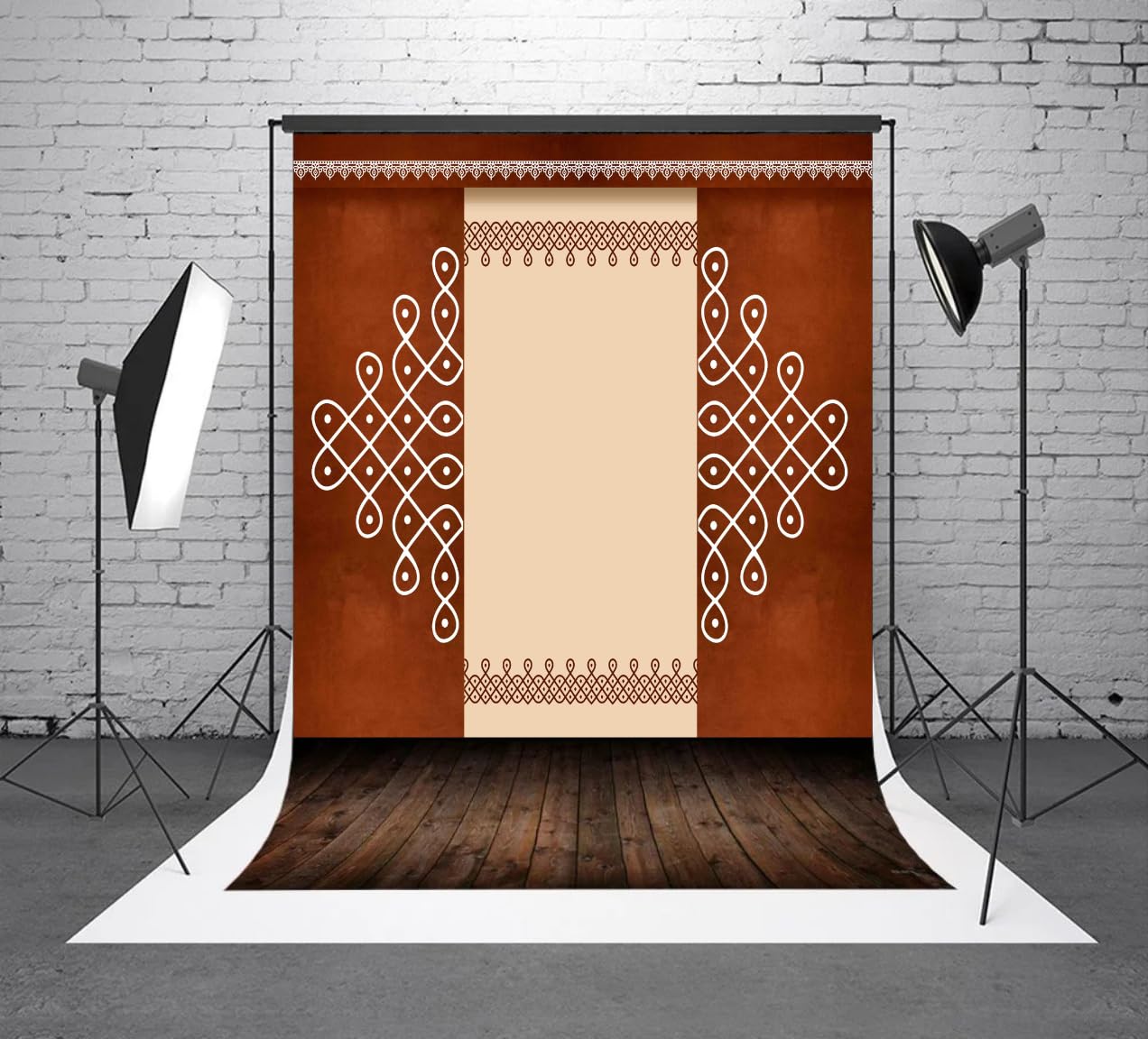 Rustic Kolam Elegance Backdrop Cloth 8x10 ft – HD Printed Polyester Traditional South Indian Kolam & Backdrop Cloth for Decoration Pooja with Curtain Rod Loop | Washable Wedding & Festival Backdrop-image-4