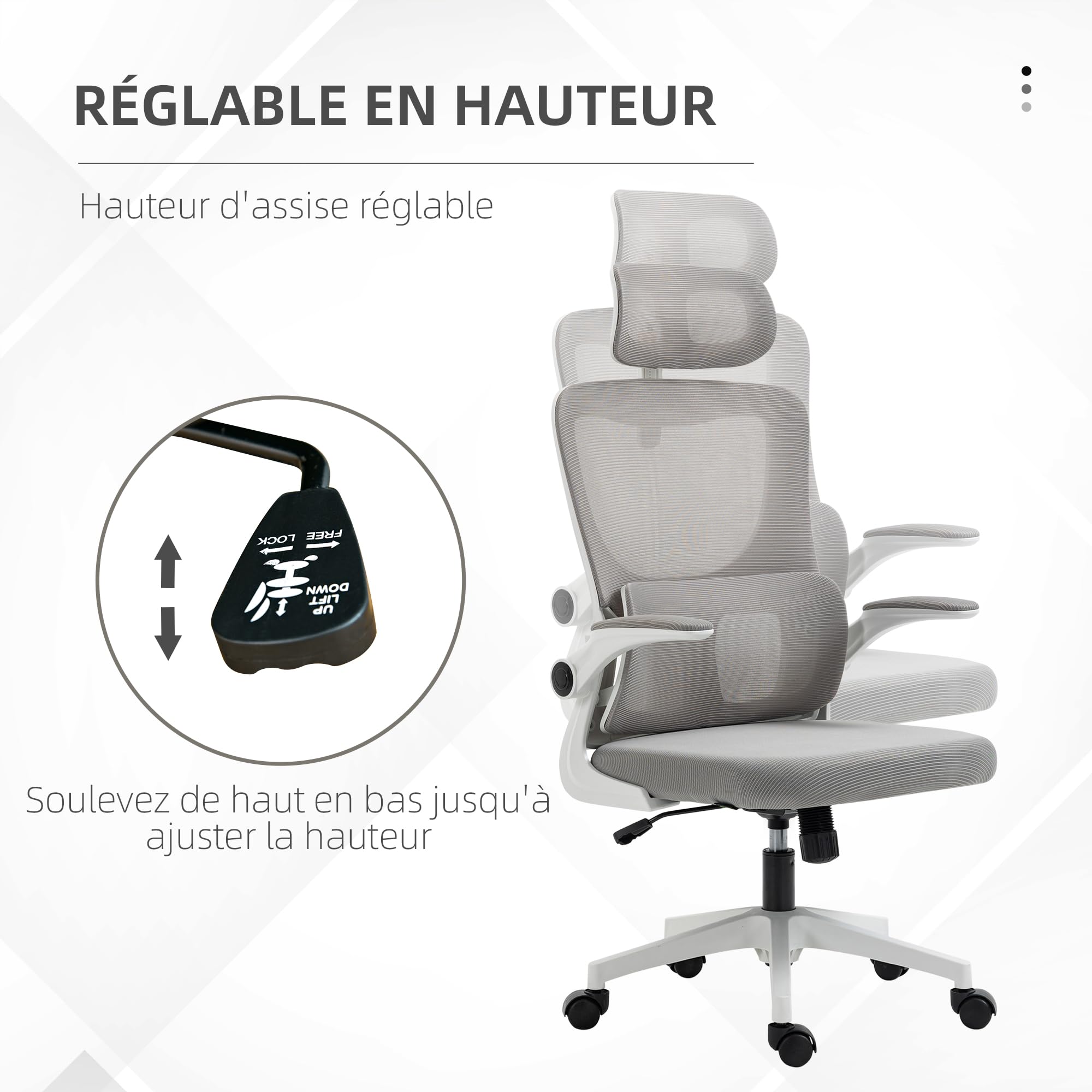Vinsetto Fauteuil de Bureau Maille Respirant Accoudoirs Relevables Gris | Chaise Ergonomique, Pivotant, Appui-Tête Réglable, Support Lombaire, Hauteur d'Assise Réglable, Fonction de Bascule