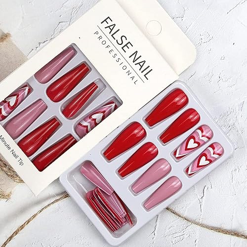 Miniatura 3 de 24 uñas postizas para el día de San Valentín uñas postizas largas de ataúd diseño de corazón rojo uñas postizas de cobertura completa uñas acrílicas