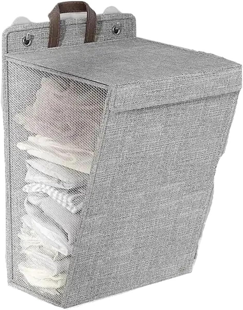 Multifunctional Wall Hanging Washing Clothes Mesh Hook Organizer Foldable Adhesive Laundry Basket Hamper(Beige)