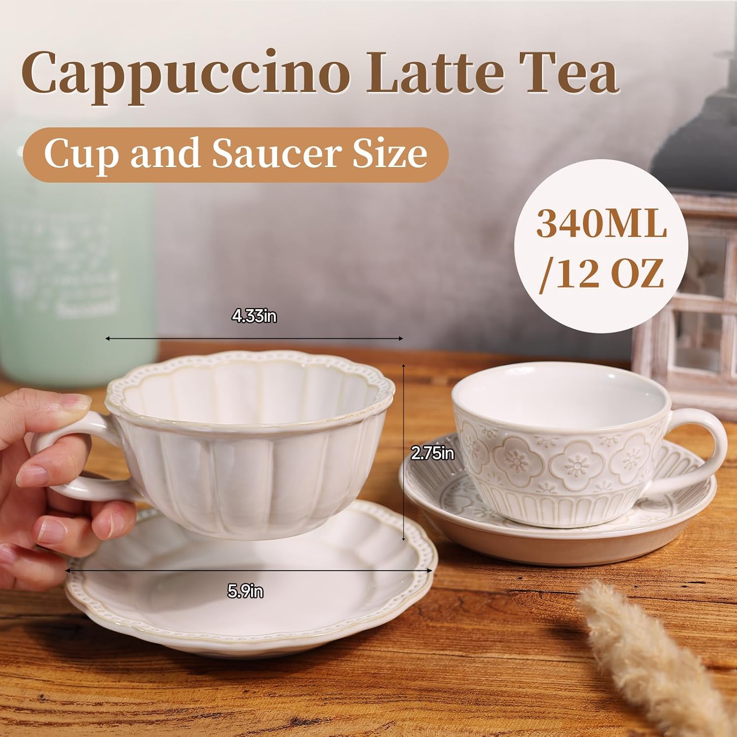 Latte Cup with Saucer, 12 OZ Cappuccino Cup Vintage Cafe Art Cups for Espresso Turkish Coffee, Farmhouse Latte Mugs Tea Cups and Saucers Porcelain Set Christmas Gift