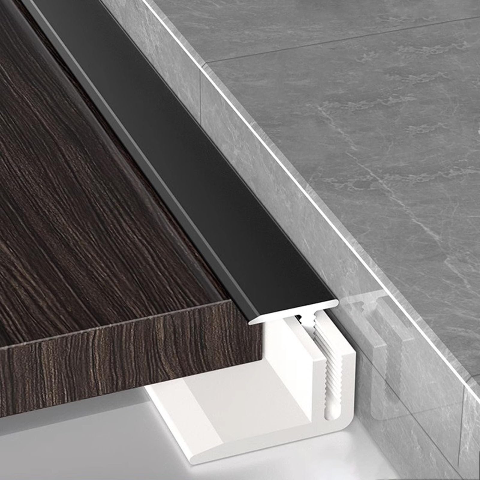 Bordi per pavimenti in marmo Coprigiunto piatto impermeabile a forma di T for bagno, for fessure tra pavimenti in laminato e vinile, 3 pezzi(Black,0.9m(35in) x3)