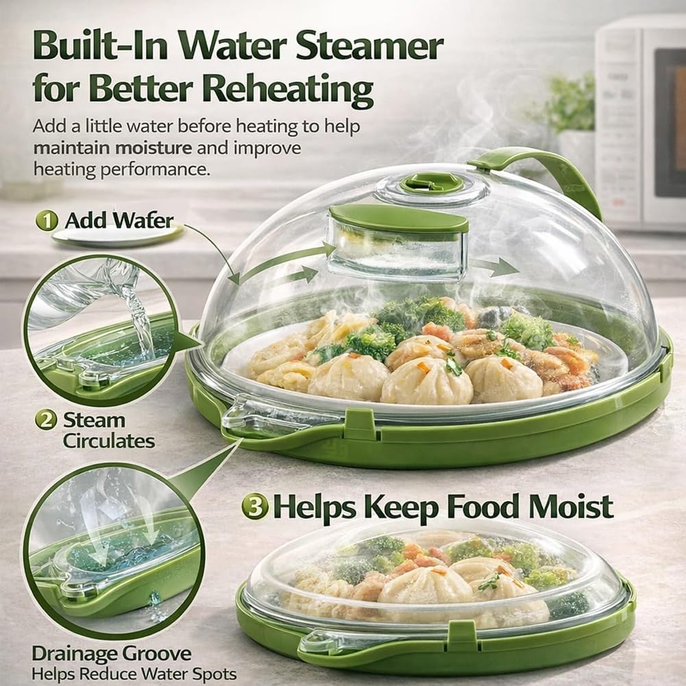 Microwave Splatter Cover with Water Steamer, 2026 New Microwave Cover for Food with Handle, 10 Inch Splash-Proof Food Cover for Keeps Food Moist, Easy Clean, House Warming Gifts New Home (B)