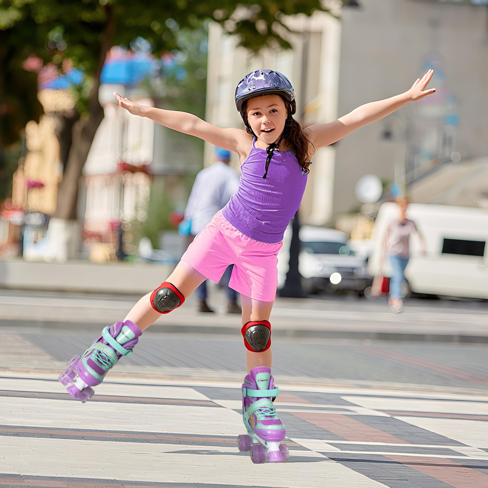 Nattork Girls Roller Skates for Kids, 4 Size Adjustable Rainbow Quad Skates with All Light Up Wheels - Best Birthday Gift for Outdoor Sports