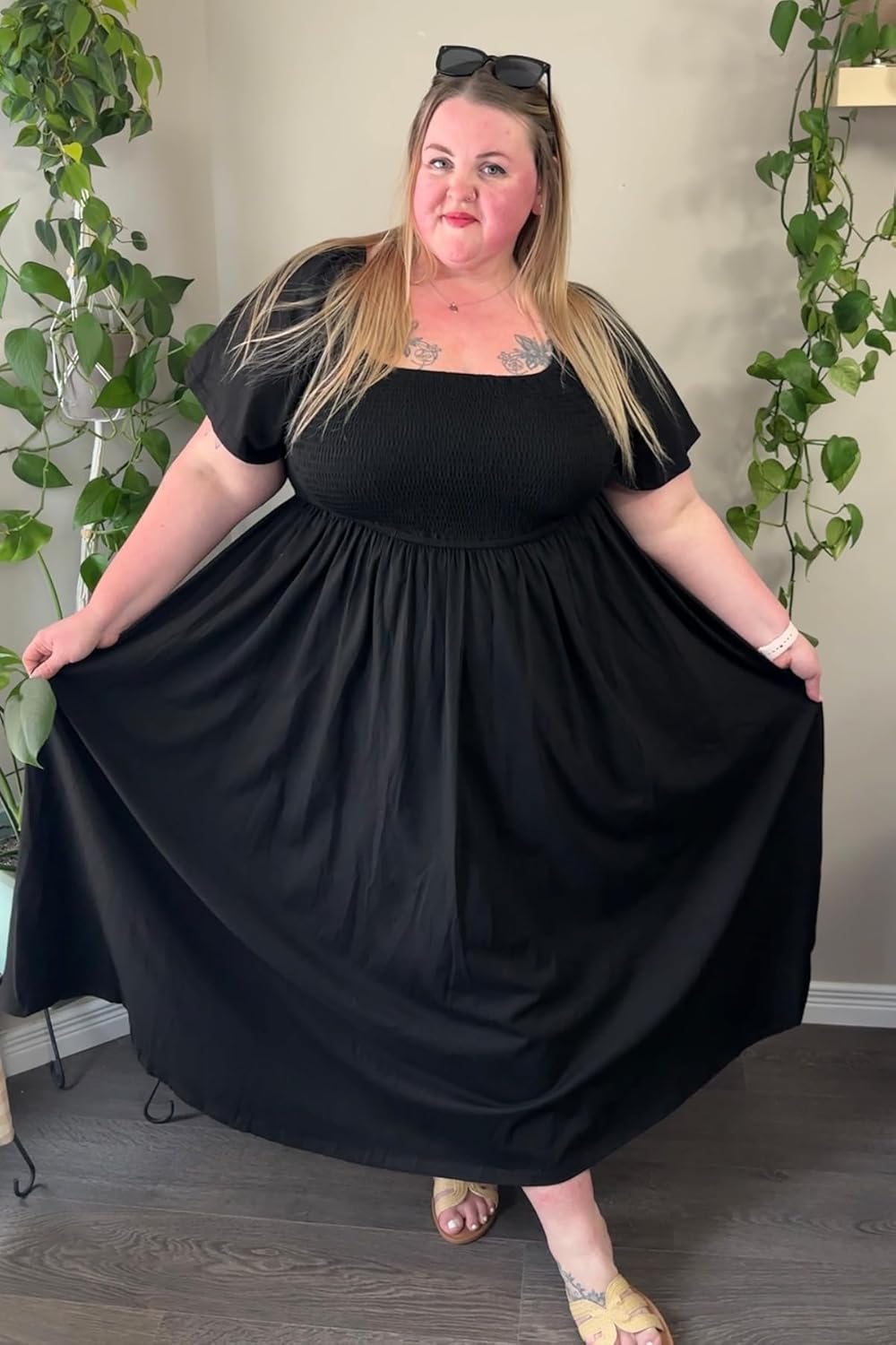 RITERA Plus Size Dresses for Curvy Women Square Neck Short Sleeve Summer Floral Smocked Maxi Dress with Pocket XL-5XL - Image 3