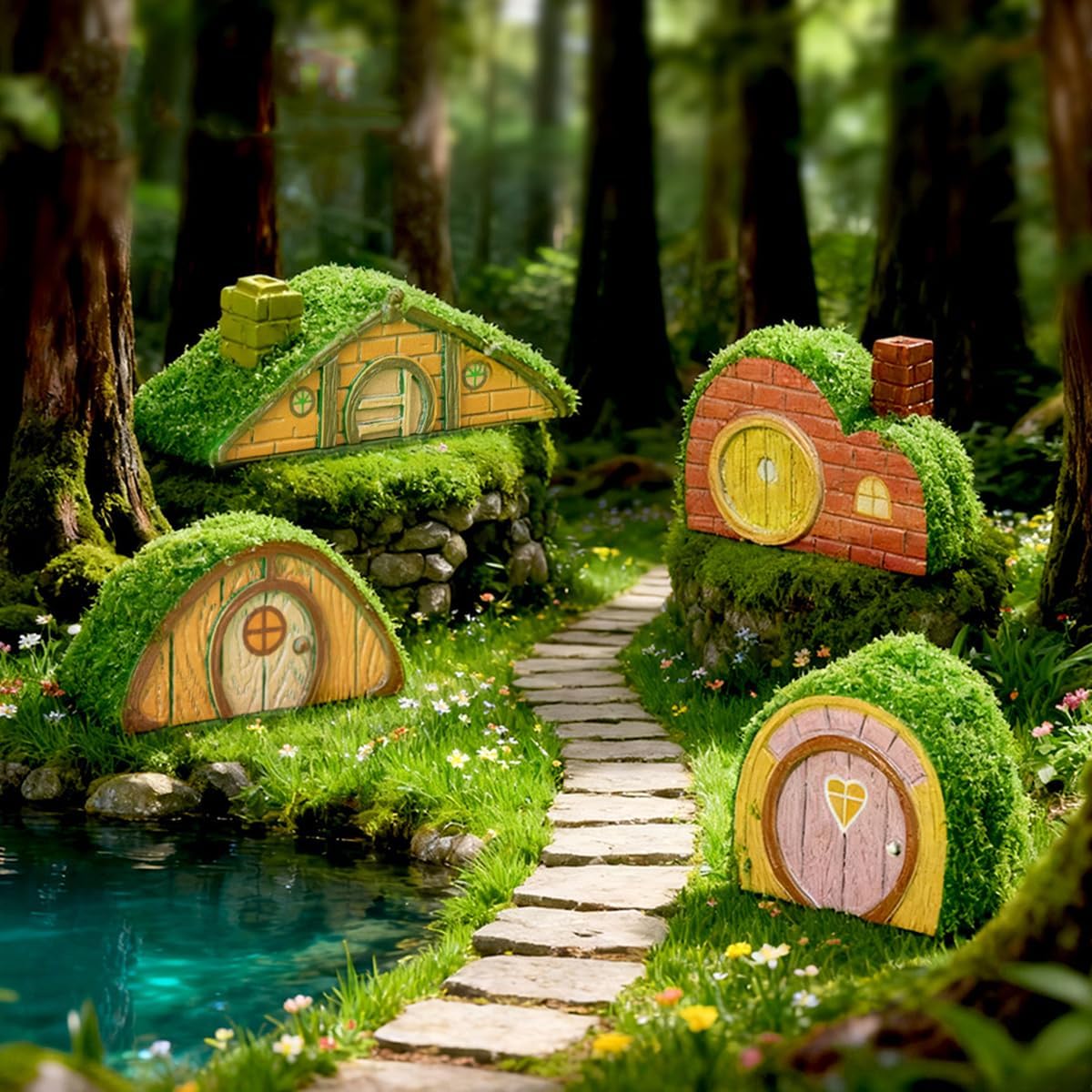 Set of 4 Flocked Miniature Fairy Garden House Accessories, Mini Resin Gnome Elf House Figurines for DIY Micro Landscape Decor Outdoor Bonsai, Terrarium, Planter Flower Pot Ornaments