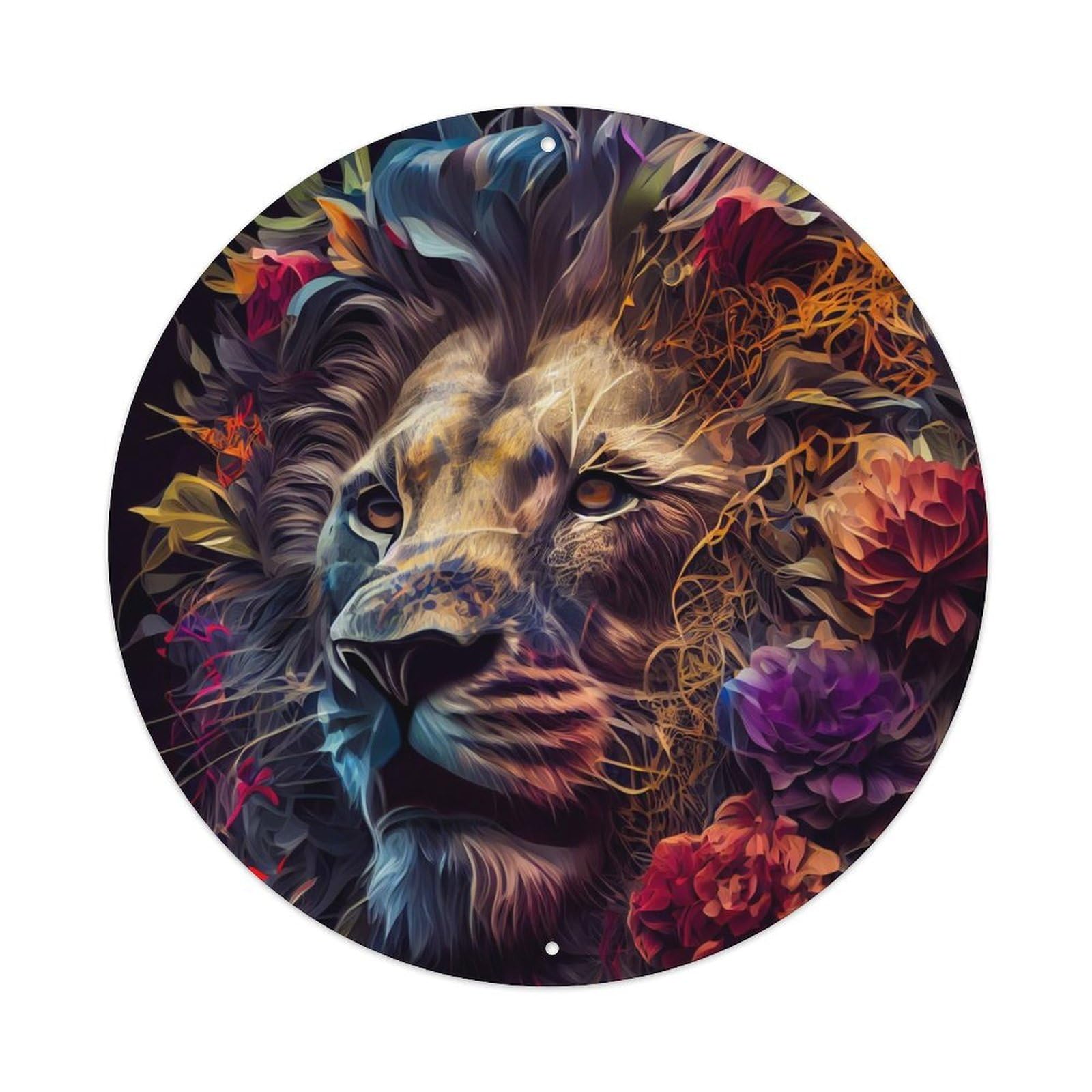 Wildlife Artwork Lion Surrounded by Flowers Vintage Metal Tin Sign Plaque Wall Decor for Cafe, Club, Garden Round Metal Poster 8x8Inch