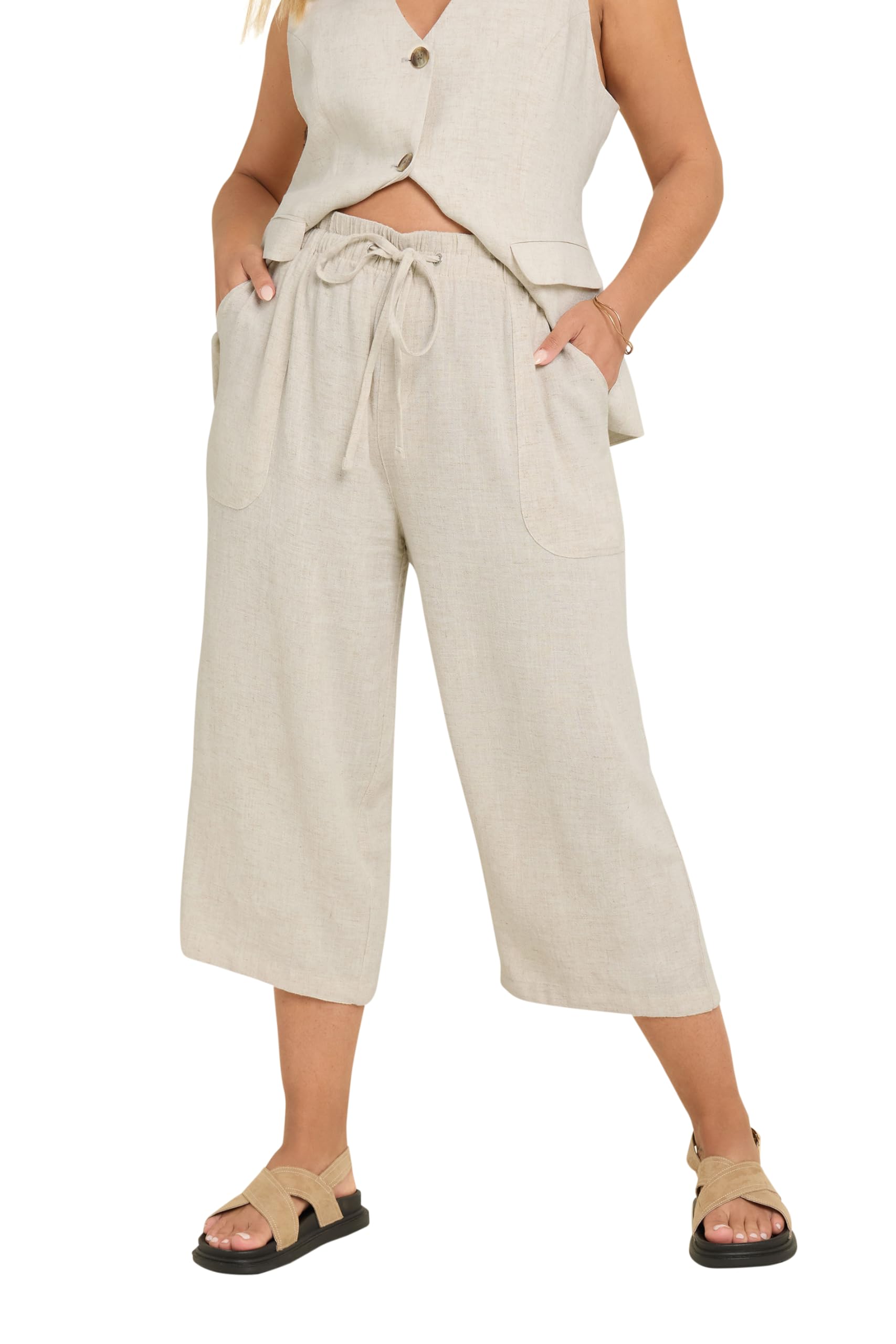 Yours Women's Natural Linen Cropped Trousers In | : 26/28