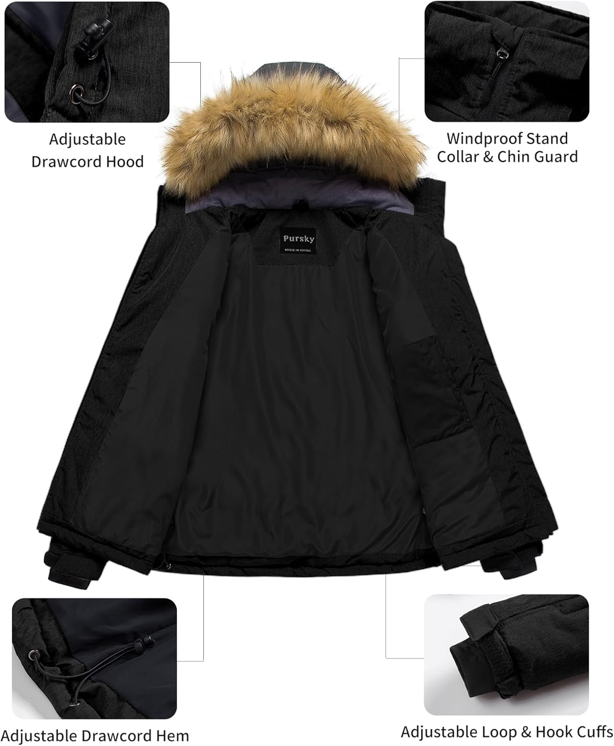 Pursky Women's Waterproof Ski Jacket Winter Puffer Snow Coat Fur Hooded Raincoat