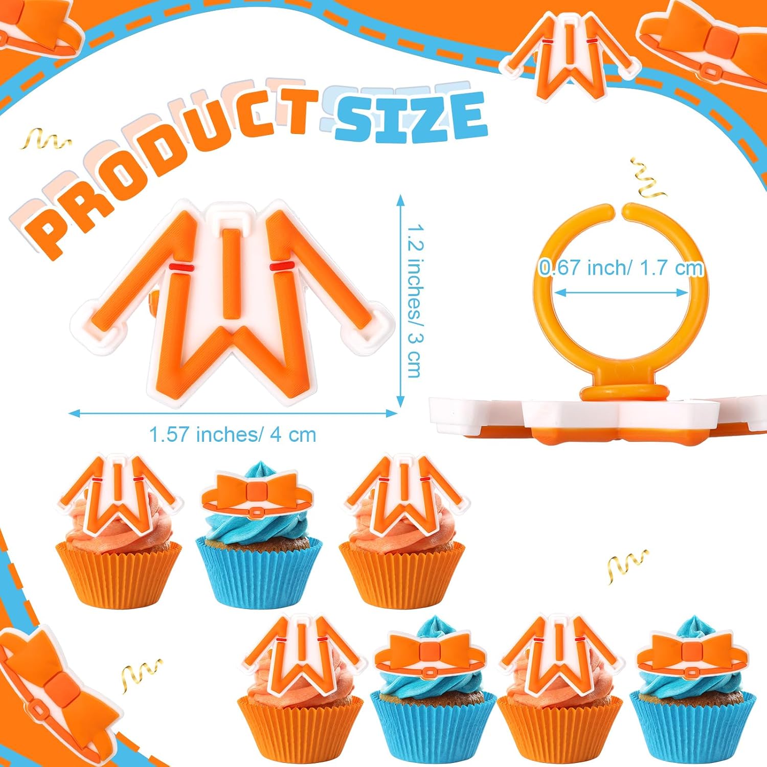 48 Pcs Orange Cartoon English Accessories Cupcake Ring Cartoon Birthday Decorations Orange English Cake Topper Ring Cupcake Topper for Birthday Baby Shower Party Decorations