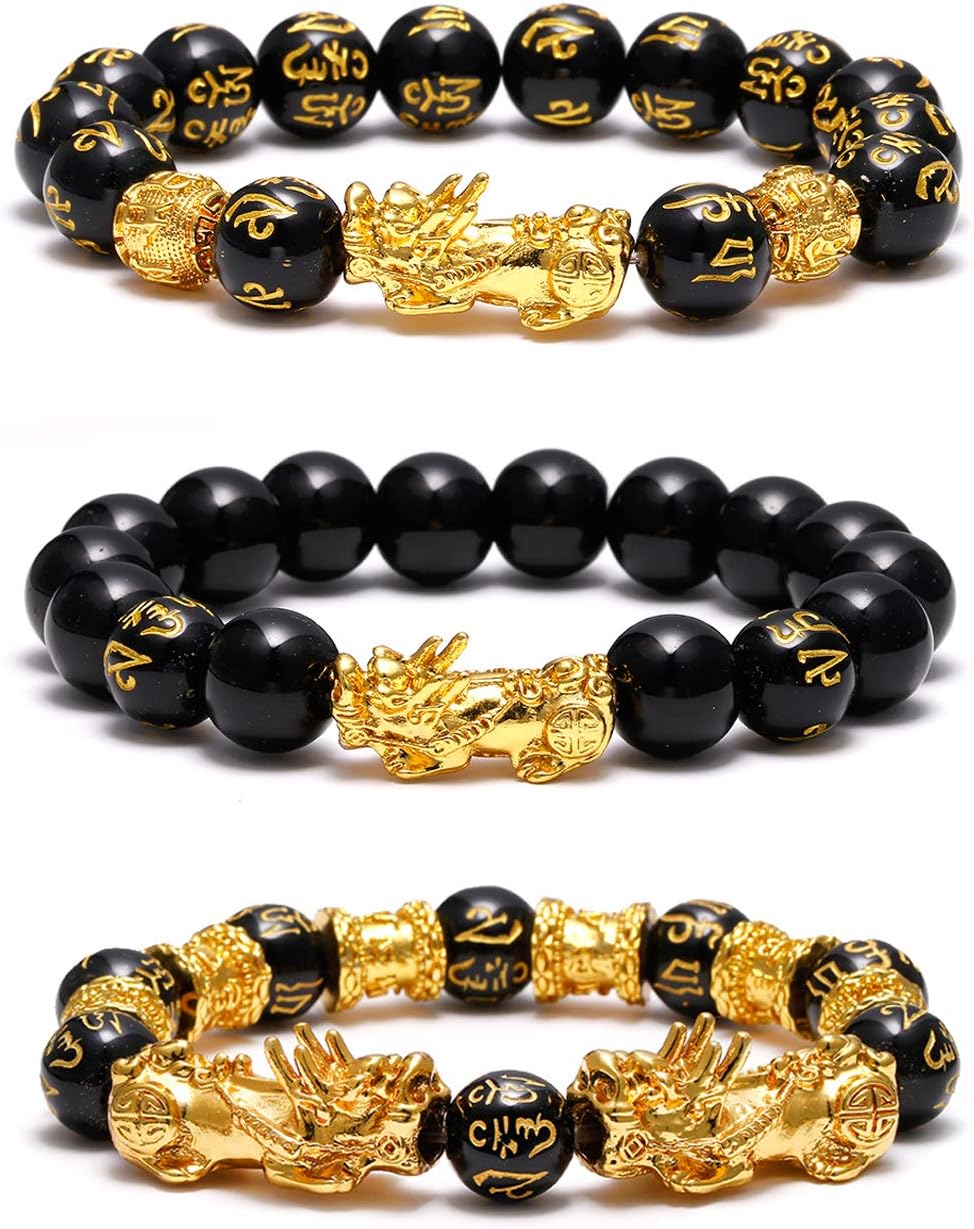 Feng Shui Wealth And Luck Bracelet for Men Women: 3Pcs set with Pixiu and black obsidian. It brings prosperity, offers protection, attracts good fortune and repels evil spirits