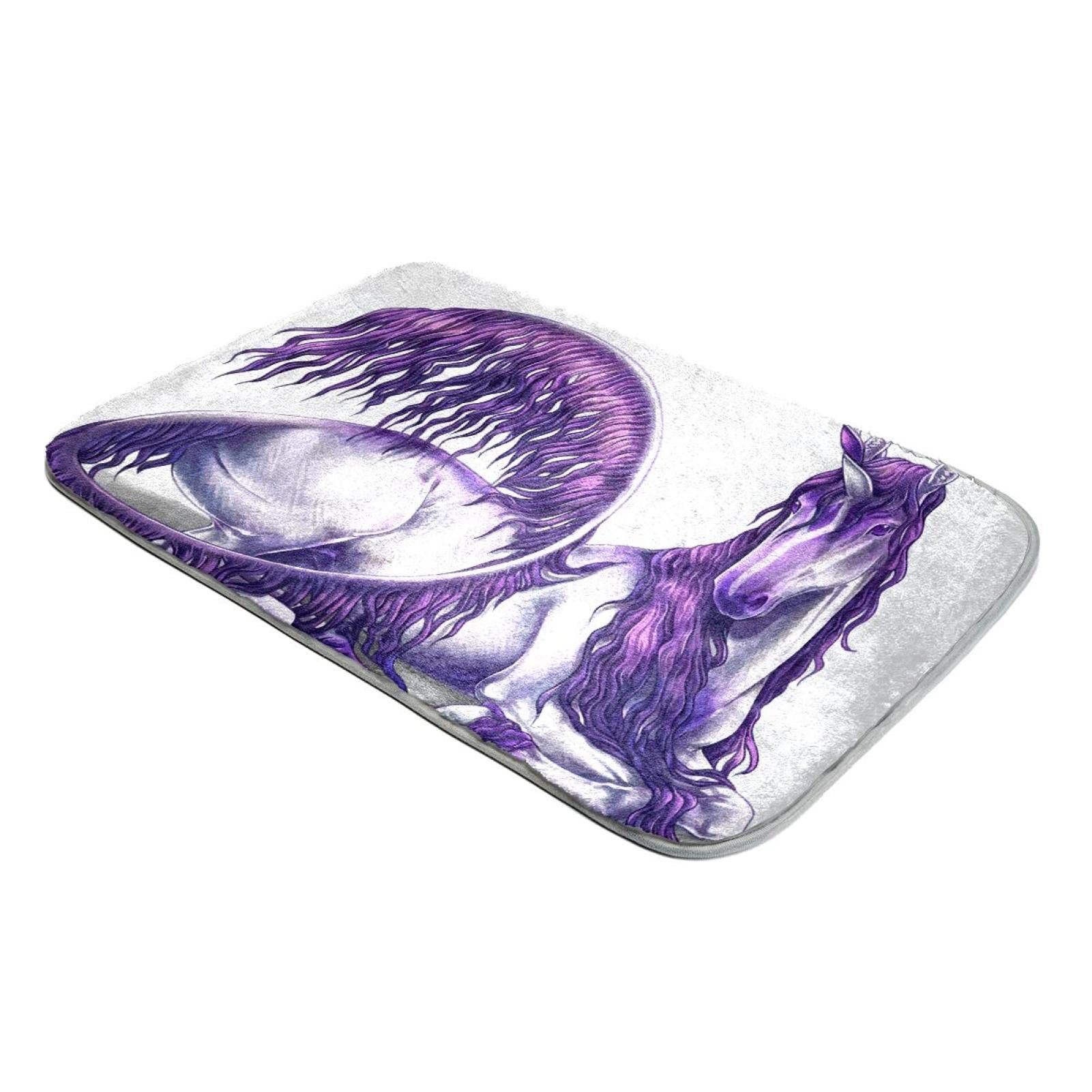 Tapis fausse fourrure violet à poils longs motif cheval et licorne haute densité