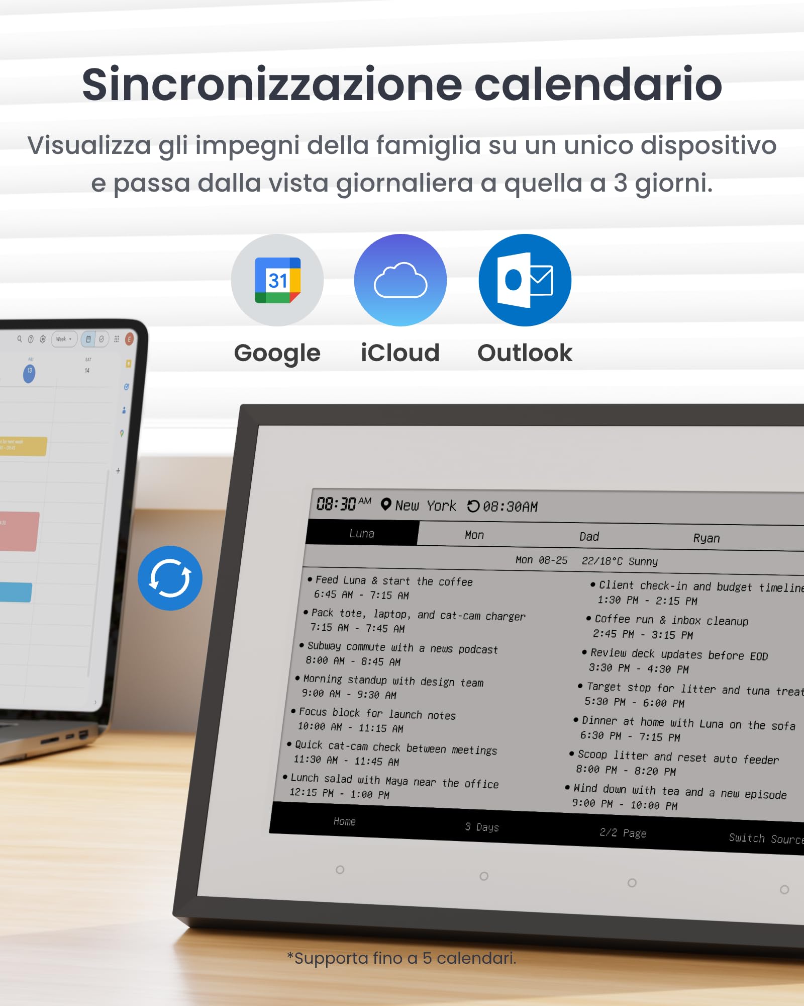 SwitchBot Smart Dashboard domestica E-Ink, Monitor wireless 7,5” per temperatura e umidità interne/esterne con calendario, Wi-Fi 2,4GHz e BLE, compatibile con Google, iCloud, Outlook