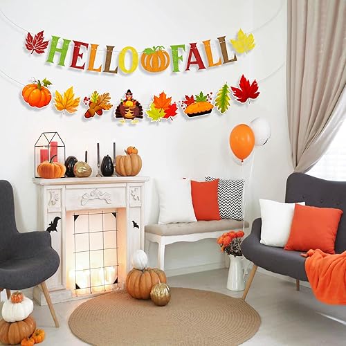 Miniatura 5 de Konsait Cartel de Hello Fall con diseño de hojas de arce y calabaza, pancarta con purpurina de Hello Fall para manto, suministros de decoración de