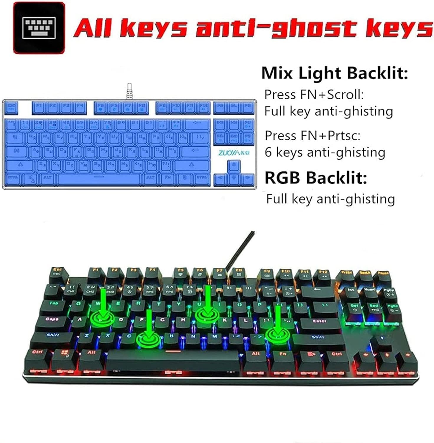 Tastiera Meccanica Gaming Compatta 87 Tasti, Computer PC con Retroilluminazione LED Arcobaleno per Giocatori