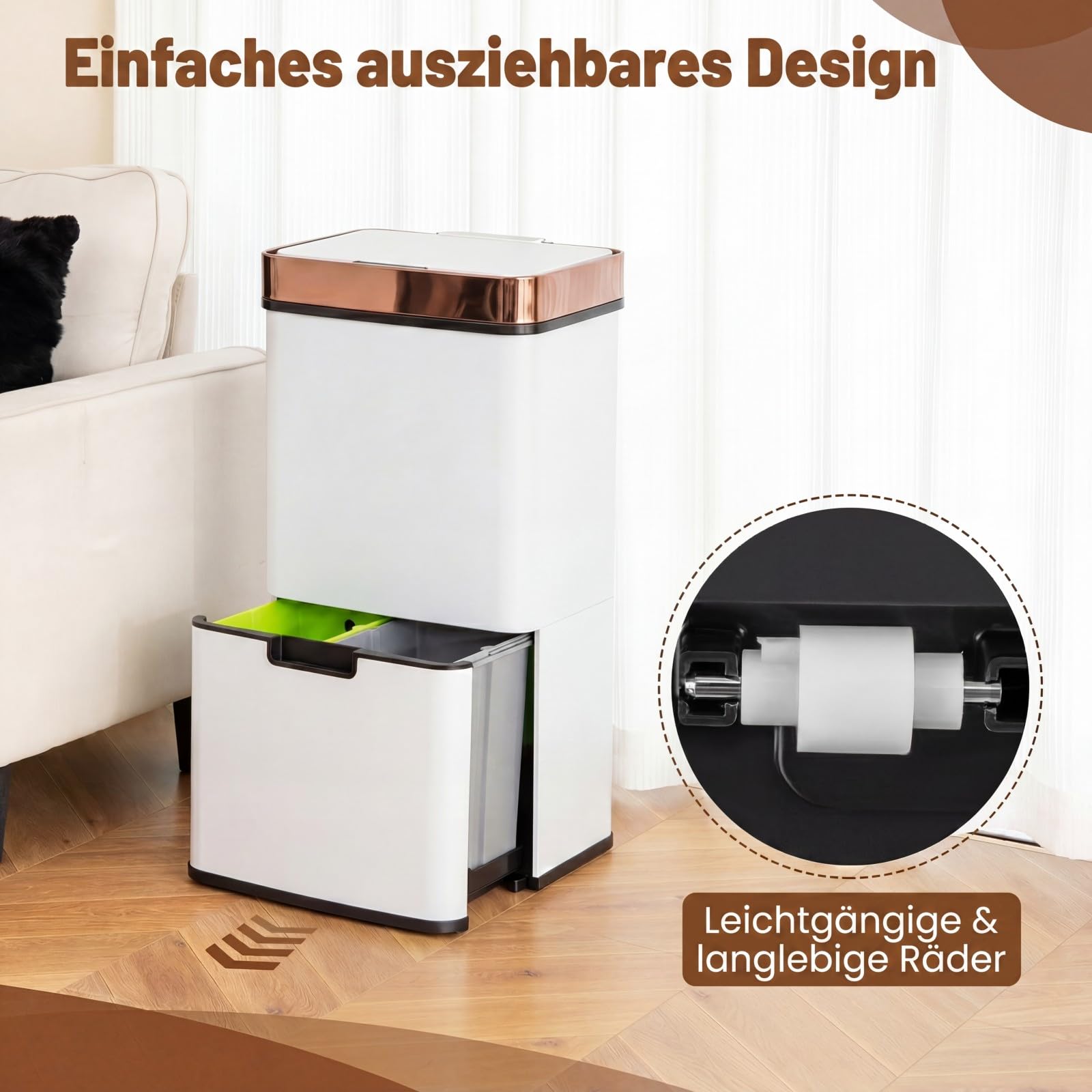 COSTWAY Elektryczny kosz na śmieci 72 l, z czujnikiem, system segregacji śmieci 2 x 11 l + 3,5 l + 46,5 l, pojemnik na odpady kuchenne, delikatne zamknięcie, do kuchni, biura (biały)