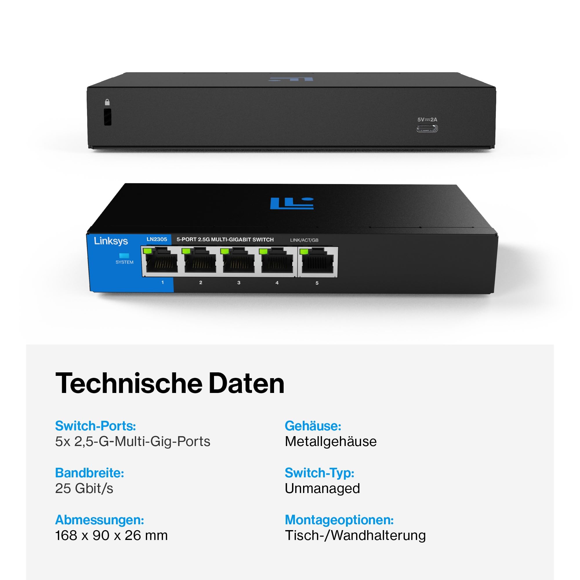 Linksys 5-Port, 2,5G Multi-Gig-Unmanaged Switch | Energieeffizientes Ethernet | Vollduplex-Durchflusskontrolle | Ideal für kleine und Heimbüros mit lüfterlosem Design und Metallgehäuse | Plug and Play