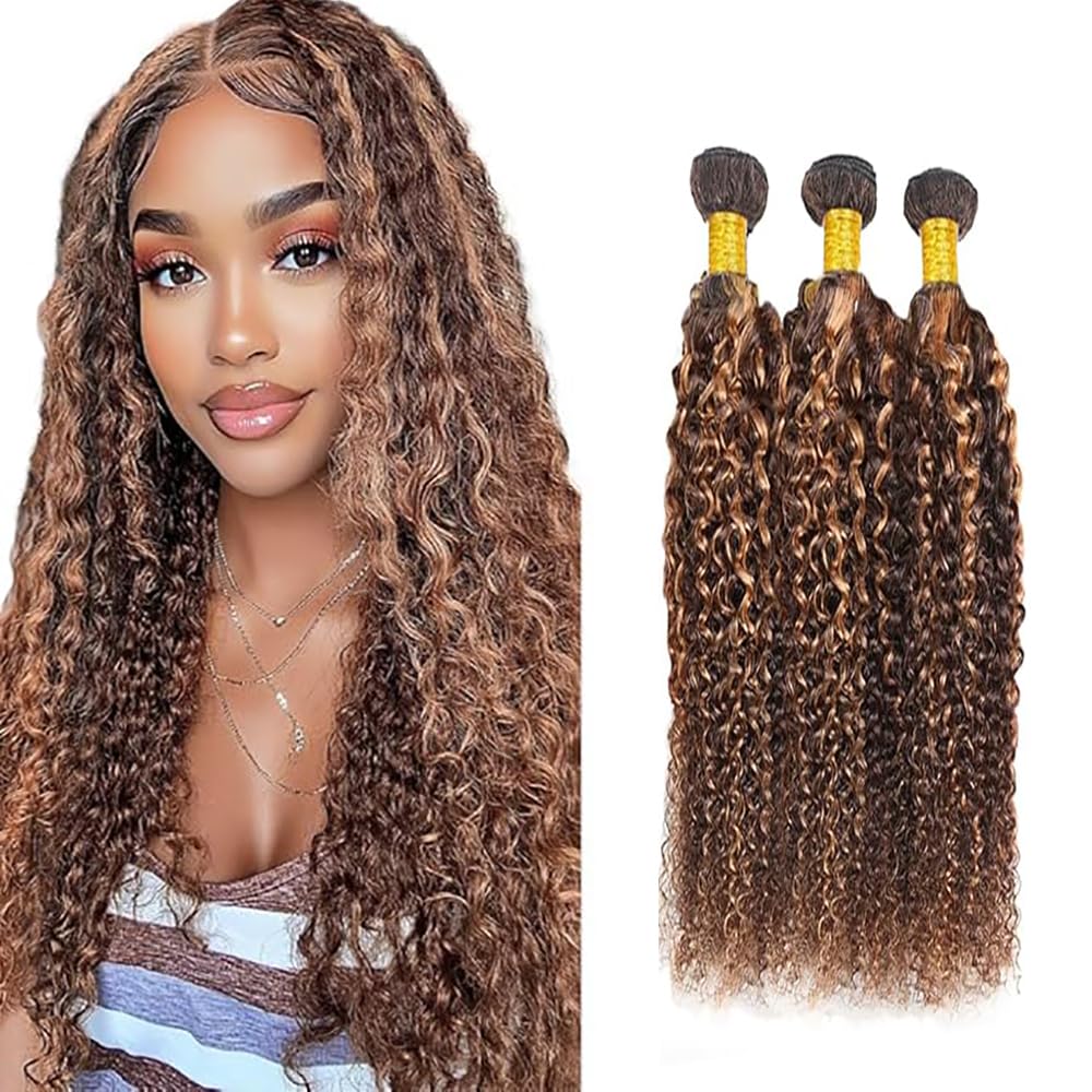 Curly Wave Human Hair Bundles Echthaar Tressen Bündel Menschliches Haar Human Hair Extensions Double Weft Weave 50g/Piece Highlight Brown Color 26 28 30 Zoll