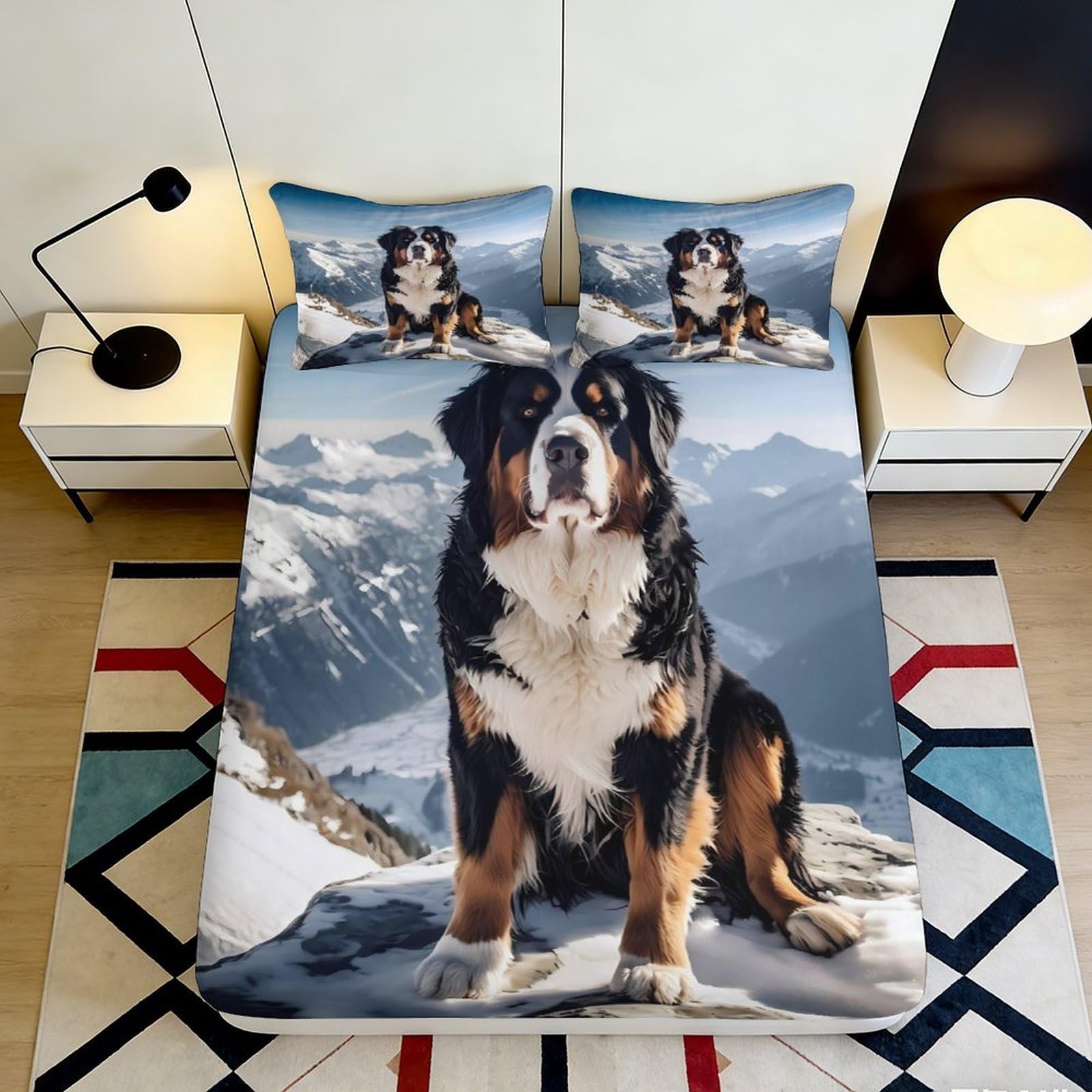 3D Printed Bernese Mountain Dog Scenic Fitted Sheet Microfiber Anti-Slip Bed Cover for Bedroom Guestroom Decor Washable 90x200x25cm