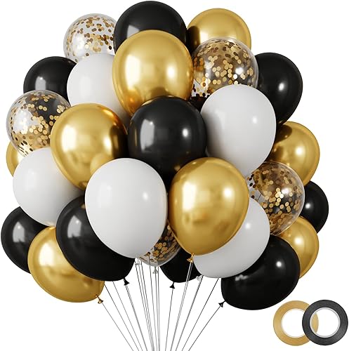 RUBFAC Kit de 120 globos de confeti negro y dorado de 12 pulgadas, globos de fiesta metálicos dorados y negros con cintas para cumpleaños, bodas,
