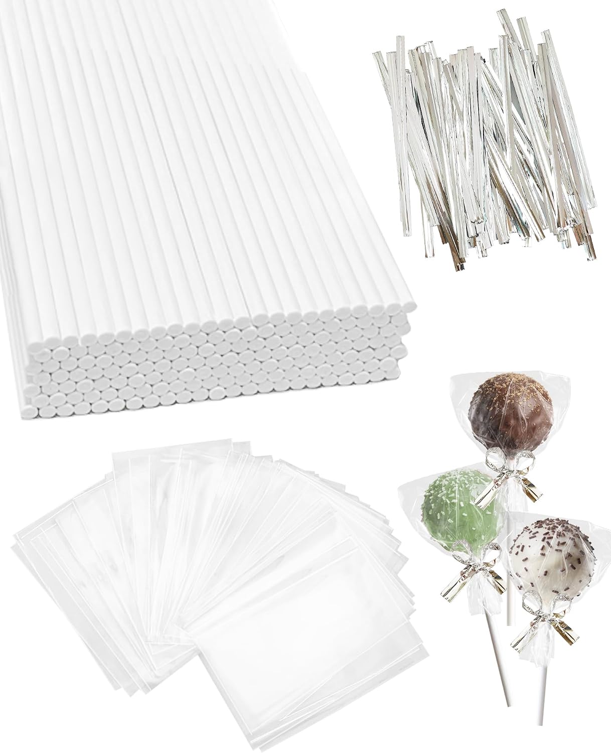 300Pcs Cake Pop Sticks and Wrappers, 6-inch 3.5mm Thick Paper Lollipop Sticks, CHELIZIYA Cakepop Packing Kit for Candy, Chocolate with 100 Sticks, 100 Traet Bags, 100 Twist Ties (Gold Ties)