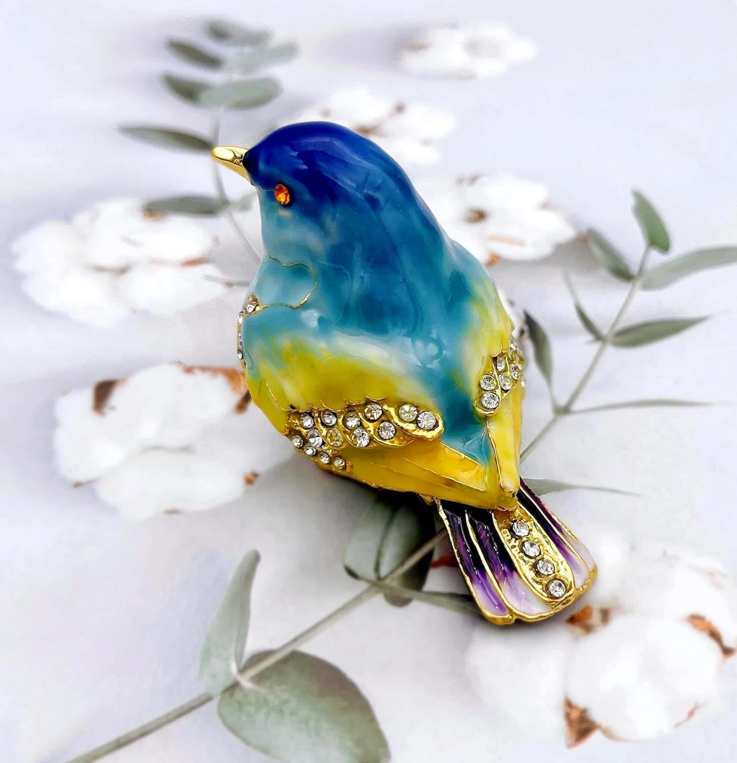 JWT Astyle Blue Mountain Bird Hinged Trinket Box with Crystal Stones .Animal Jewelry Box.Necklace Rings Earrings Storage.Bird Figurines Home Decor,Collectible Trinket Boxes Gift ., Blue Yellow - Image 8