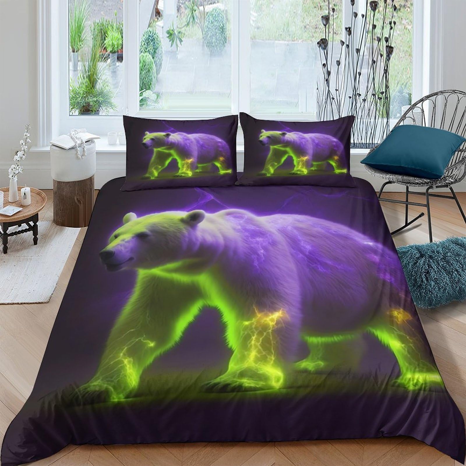 Ctjqhvkz Style-3 3D Printed Neon Polar Bear Fitted Sheet Microfiber Soft Anti-Slip Aurora Mattress Cover For Bedroom Home Decor Single（135X200cm）