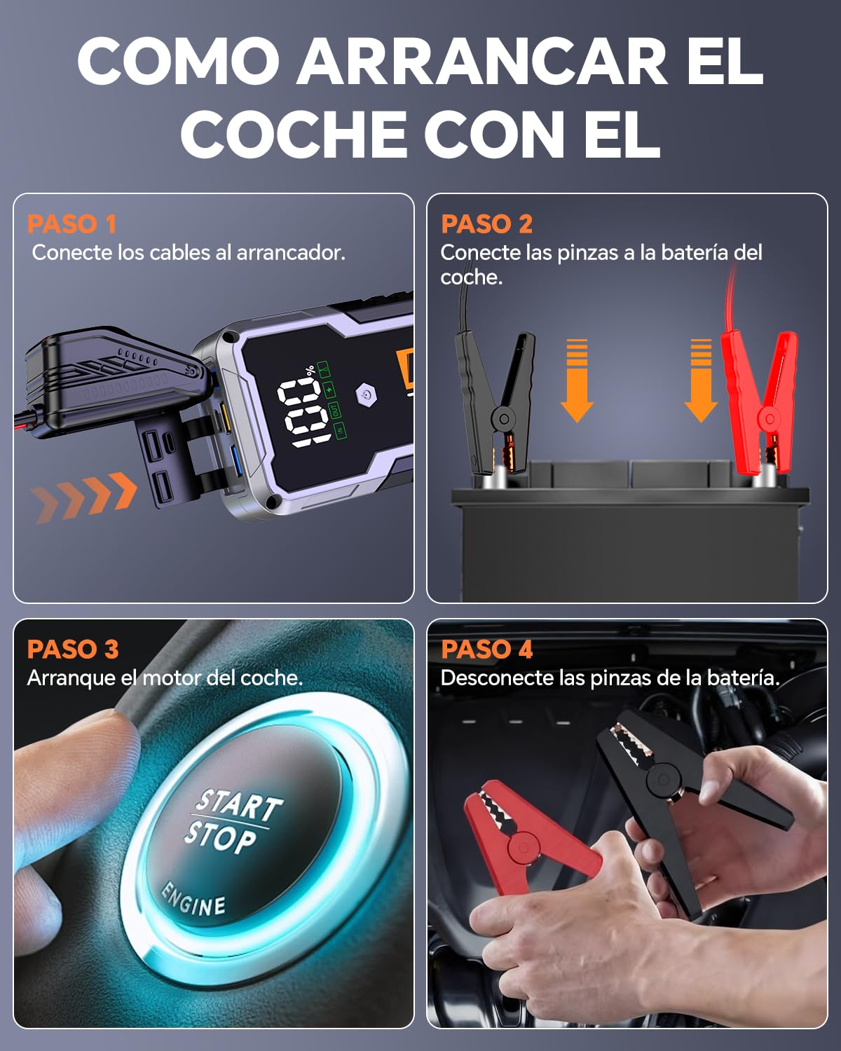 CARHEV Arrancador de Coches 7000A, 12V Arrancador de Bateria de Coche Portátil Compatible con Motores de Gasolina y diésel de hasta 10 litros, Jump Starter con Linterna LED y Pinzas bateria Coches