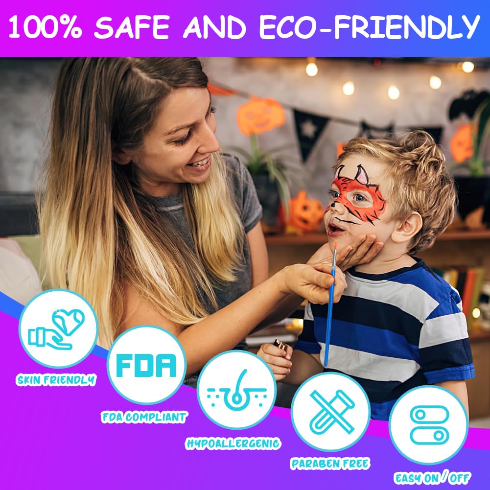 URAQT Body Painting, 30 Colori Pittura di Corpo con 4 Pennelli e 8 Stencil, Non Tossico Fluo Colori Trucco Viso a Base d'acqua, Truccabimbi Halloween per Pelle Viso Corpo, Festa, Carnevale