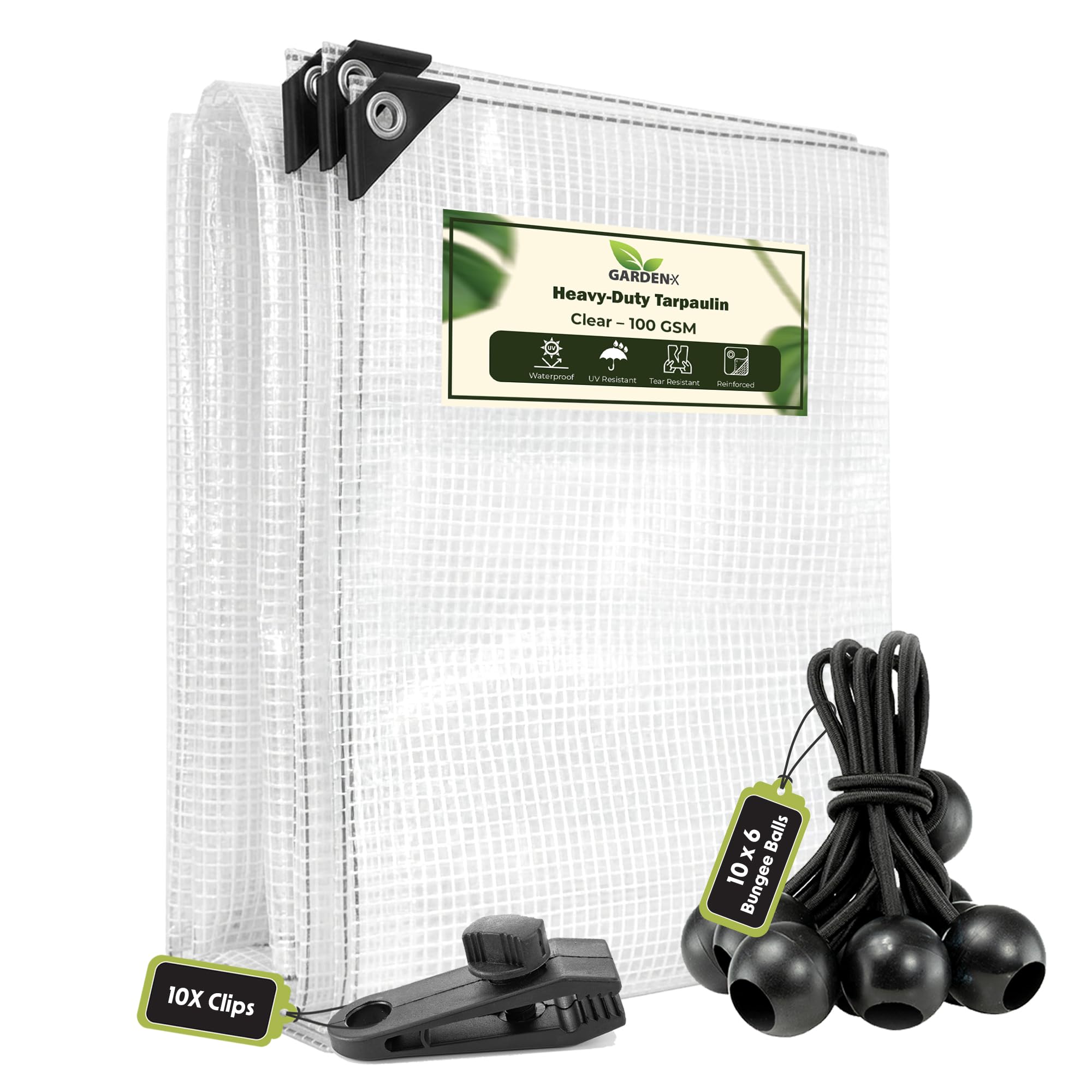 Gardenix Clear + 10 X 6" Bungee Balls (Black) + 10 X Screw Type Tarp Clips 6M X 8M Grey Heavy Duty 200Gsm Tarpaulin Waterproof Tarp Sheet Cover, Groundsheet, Reinforced +10X 6" Bungee Balls (Black) +10X Screw Type Tarp Clips