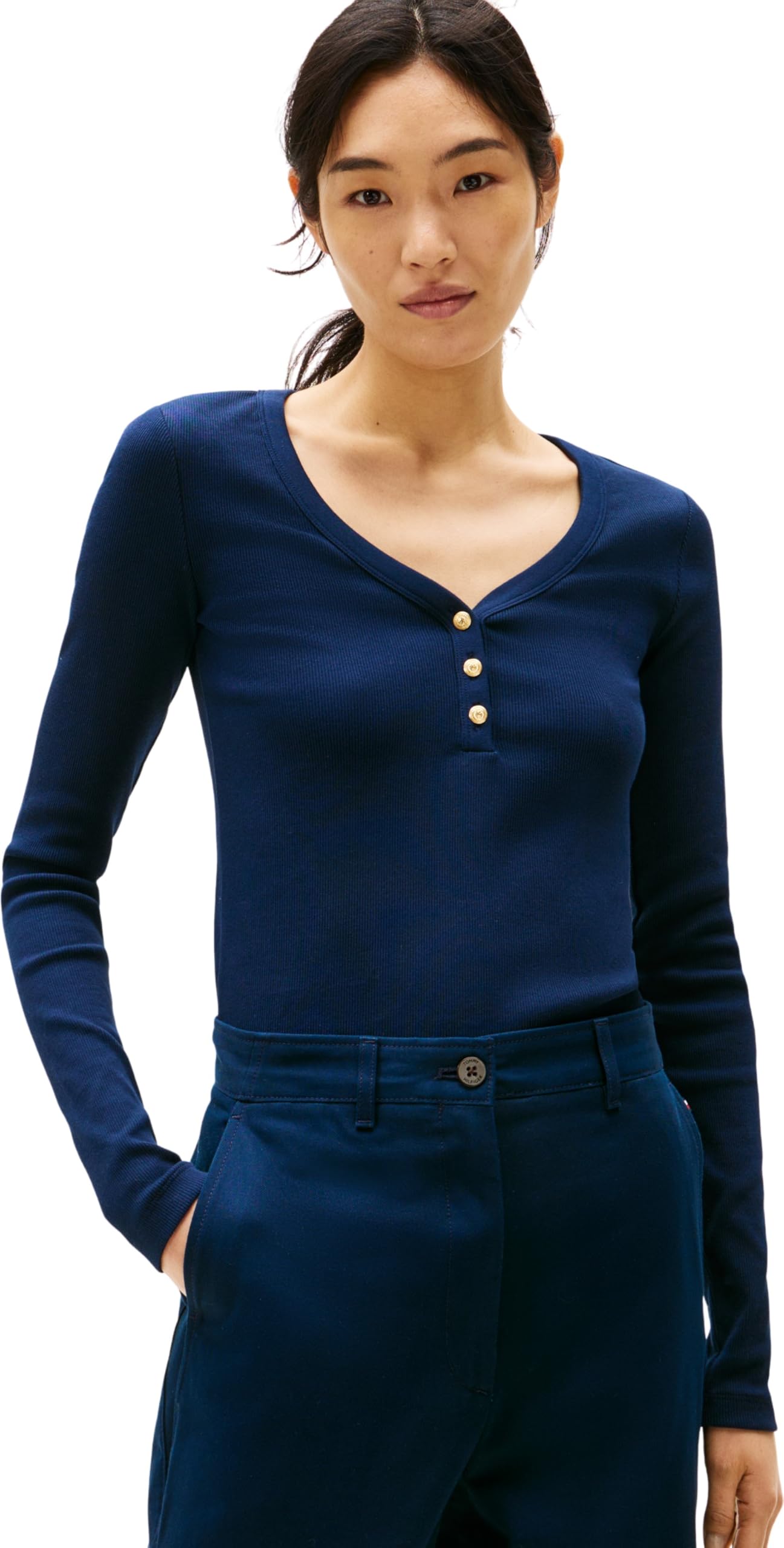 Tommy Hilfiger Women’s Slim Henley Long Sleeve Top with Button Placket, Blue (Dark Night Navy), XXL